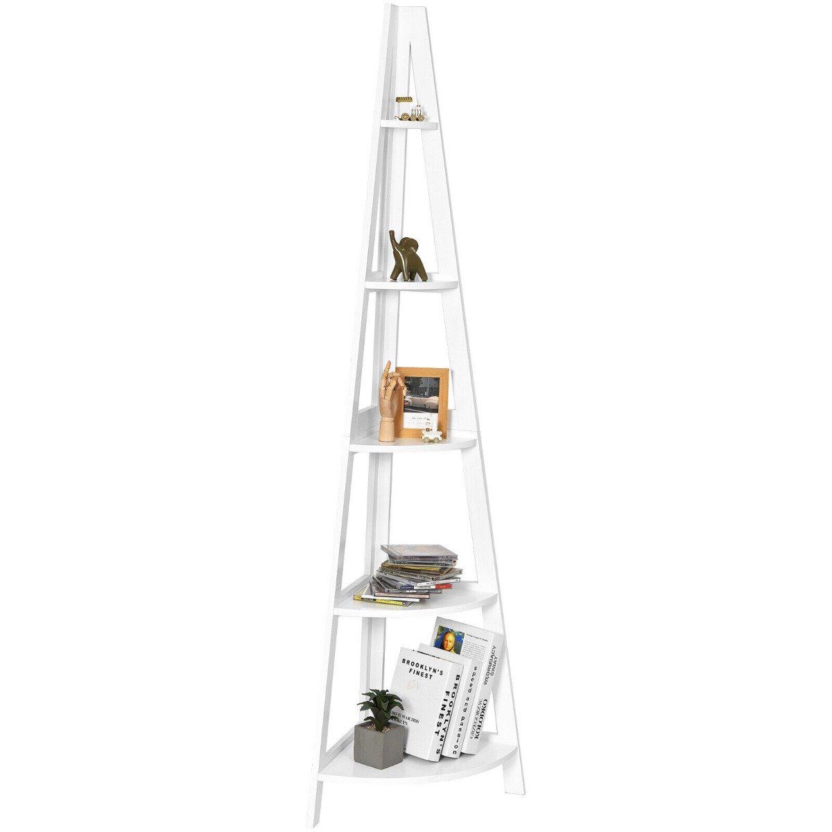 Display Rack - 5-Tier Freestanding Wooden Storage Corner Shelf for Home Office-White