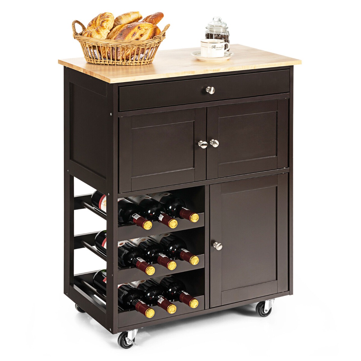 Rolling Kitchen Cart with 3 Tier Wine Racks and Cupboards-Brown - Savings Store