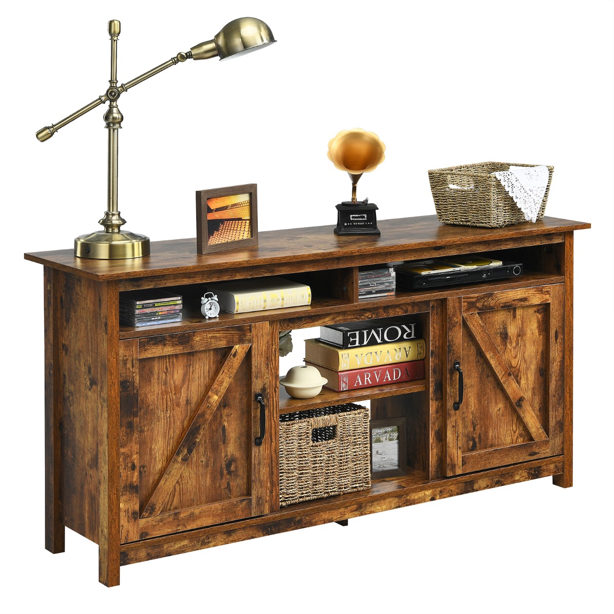 Wooden TV Cabinet with Barn Doors and Open Shelf - Savings Store