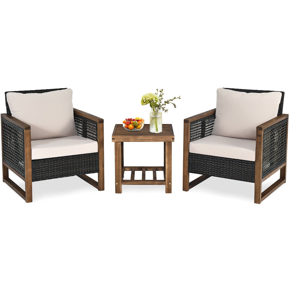 Patio Set - 3 Pieces Outdoor Rattan Furniture Bistro Set with Cushioned Sofas - Beige - Savings Store
