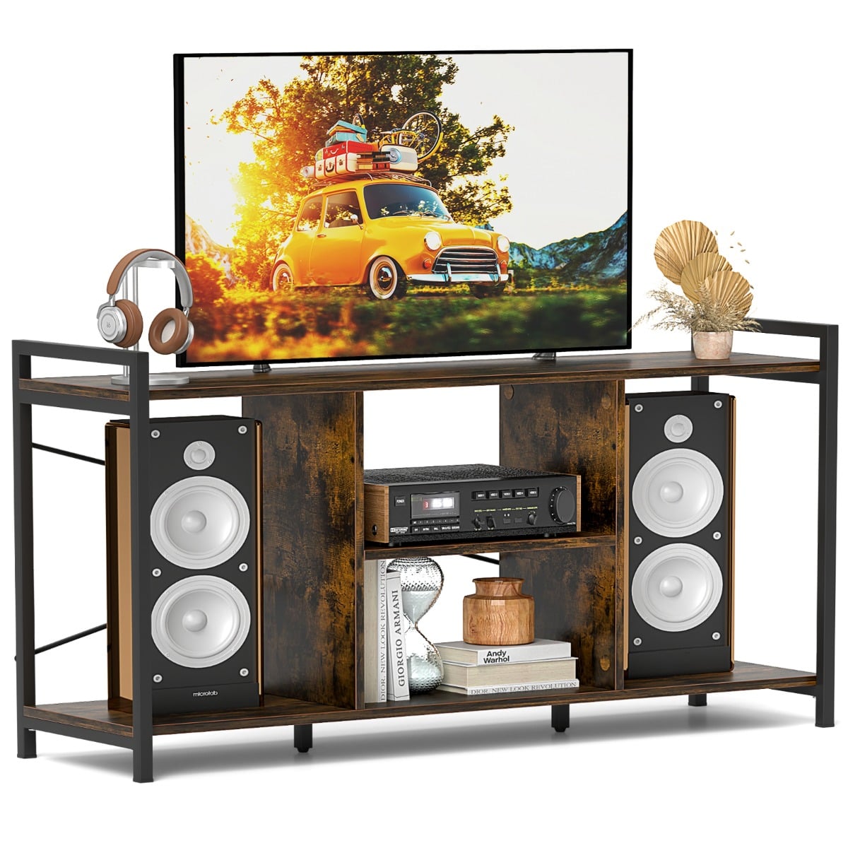 Industrial Entertainment Center with 4 Open Shelves-Rustic Brown - Savings Store