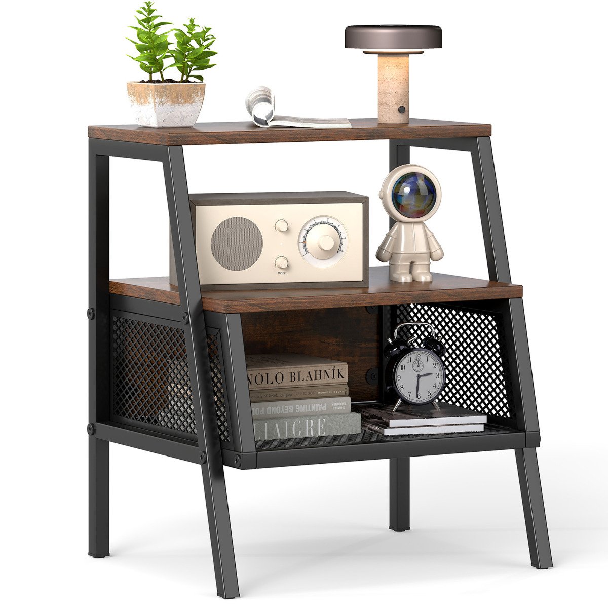 3-Tier Industrial Nightstand with 2 Open Shelves and Metal Mesh Compartment-Rustic Brown - Savings Store
