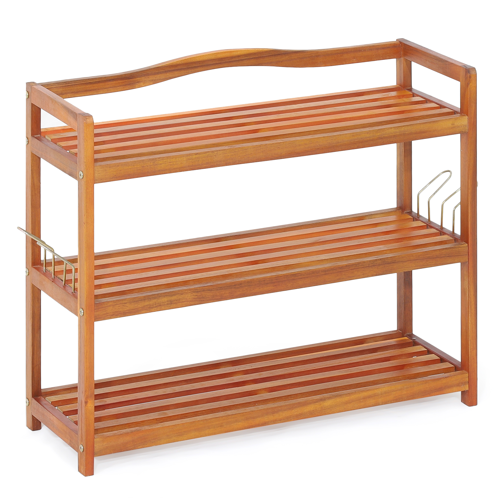 Solid Acacia Wood Shoe Rack Shelf with Side Metal Hooks-3-Tier - Savings Store