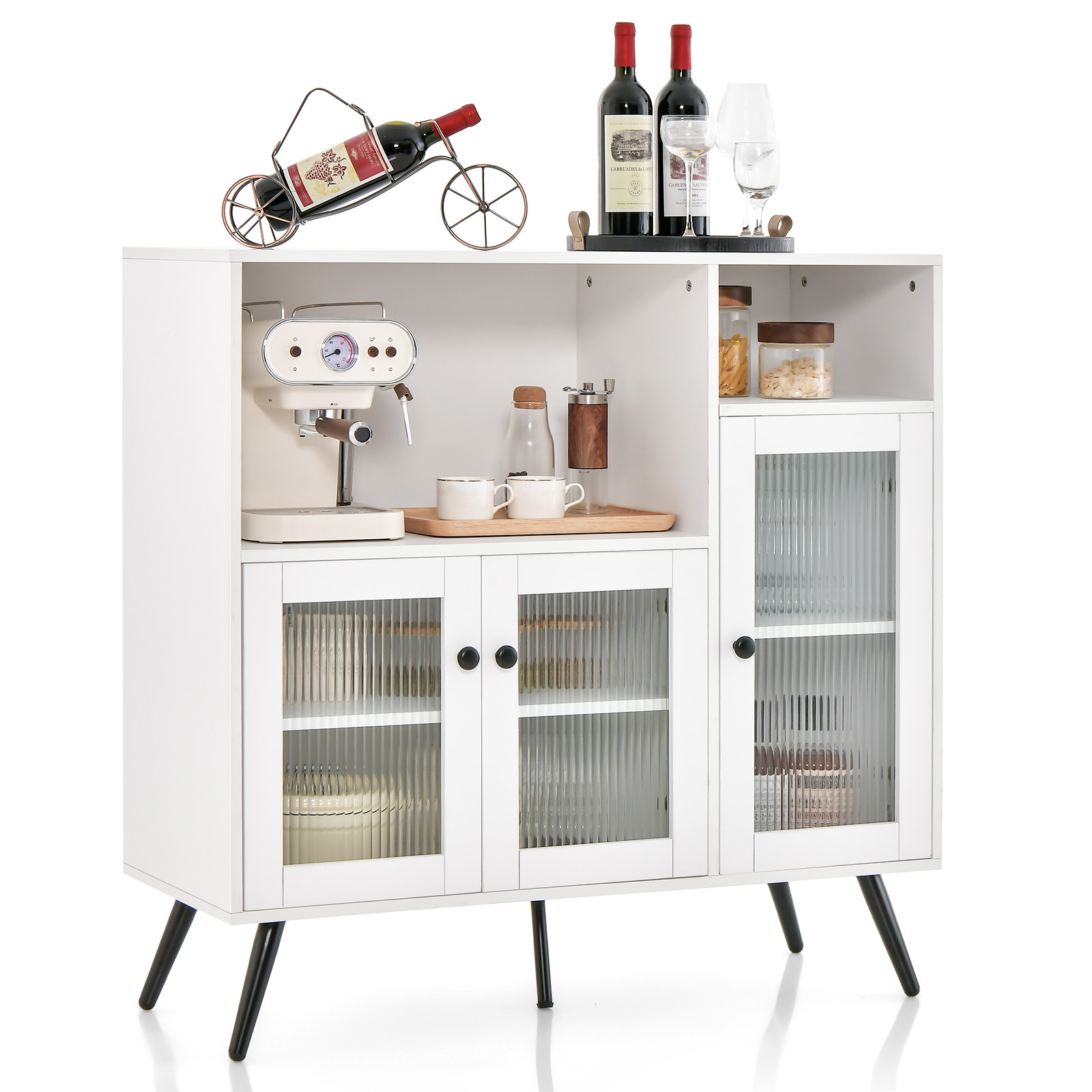 Industrial Wooden Kitchen Storage Cabinet with Tempered Glass Doors-White - Savings Store