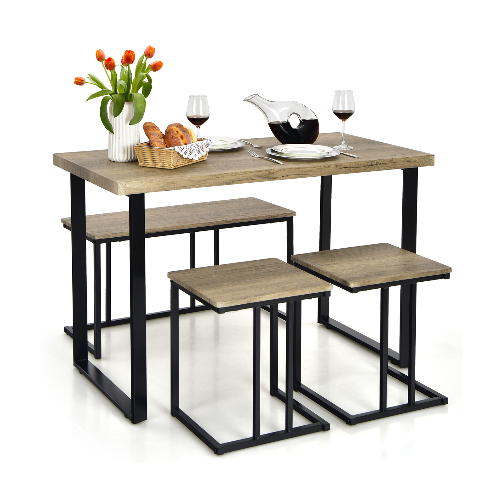 Dining Table Set - 4 Pieces Metal Frame Industrial Breakfast Table Chair Set - Savings Store