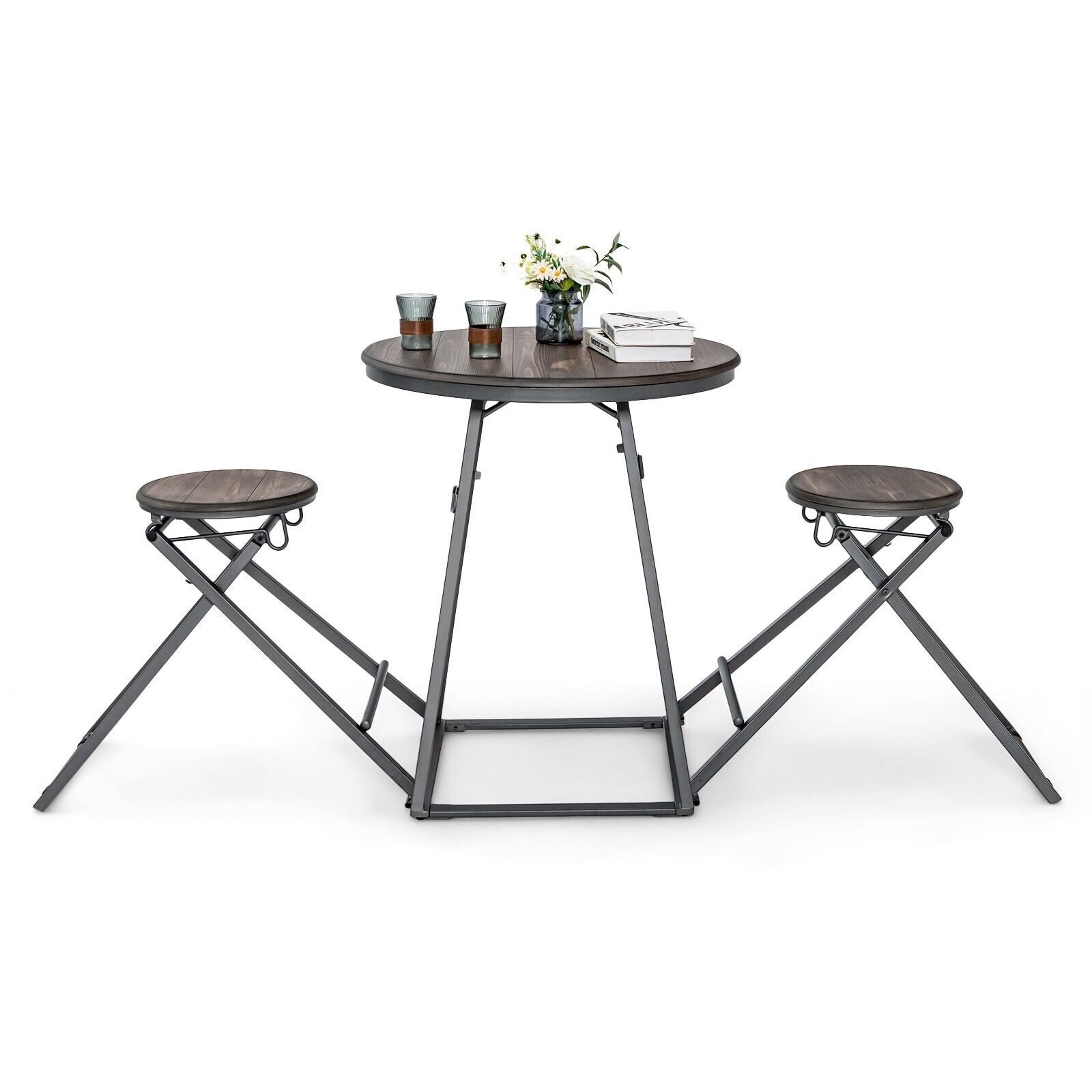 3-Piece Round Table and Stool Set with 2 Foldable Stools-Grey - Savings Store