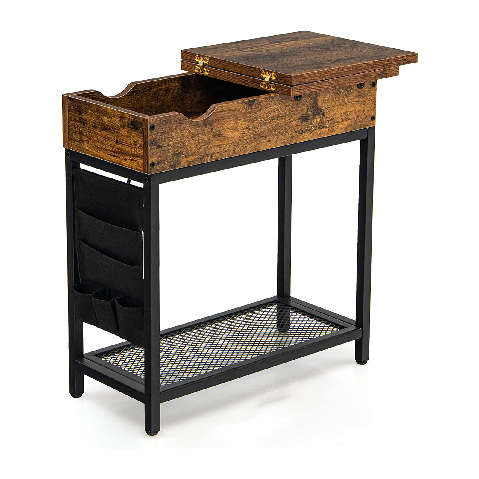 Industrial Slim Sofa Side Table with Charging Station and Flip Top - Savings Store