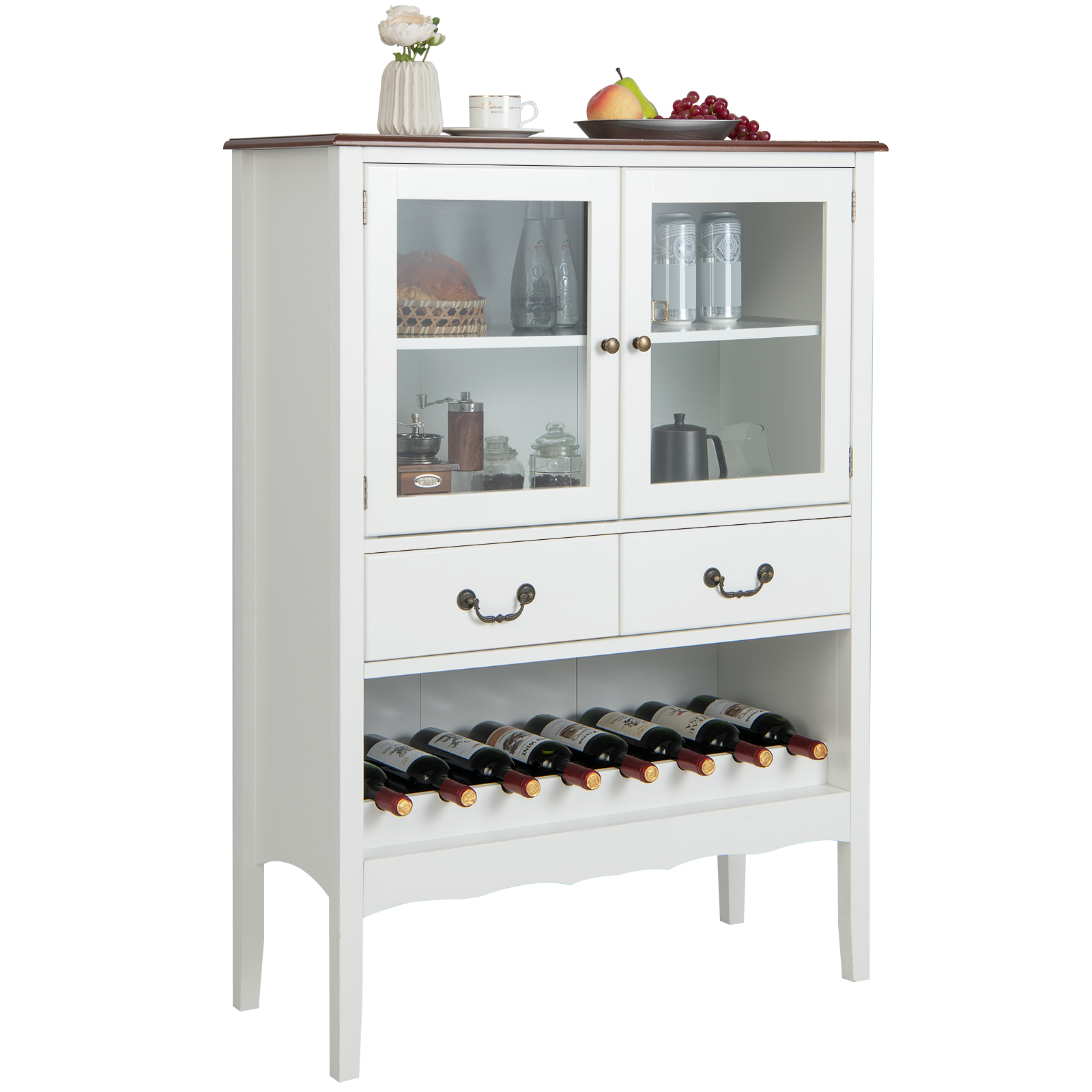 Wooden Kitchen Sideboard with Wine Rack 2 Glass Doors and Drawers-White - Savings Store