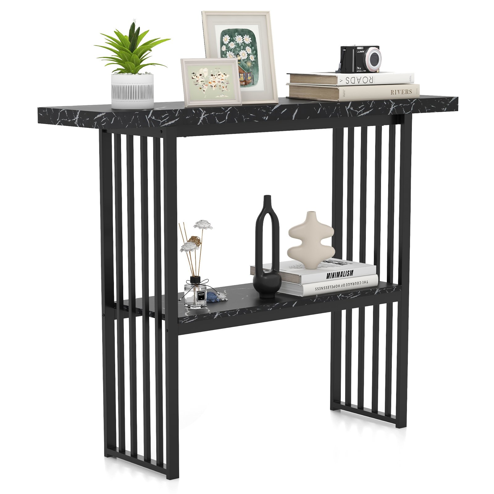 XOEL 120 cm Long Narrow Console Table Faux Marble Entryway Table-Black - Savings Store