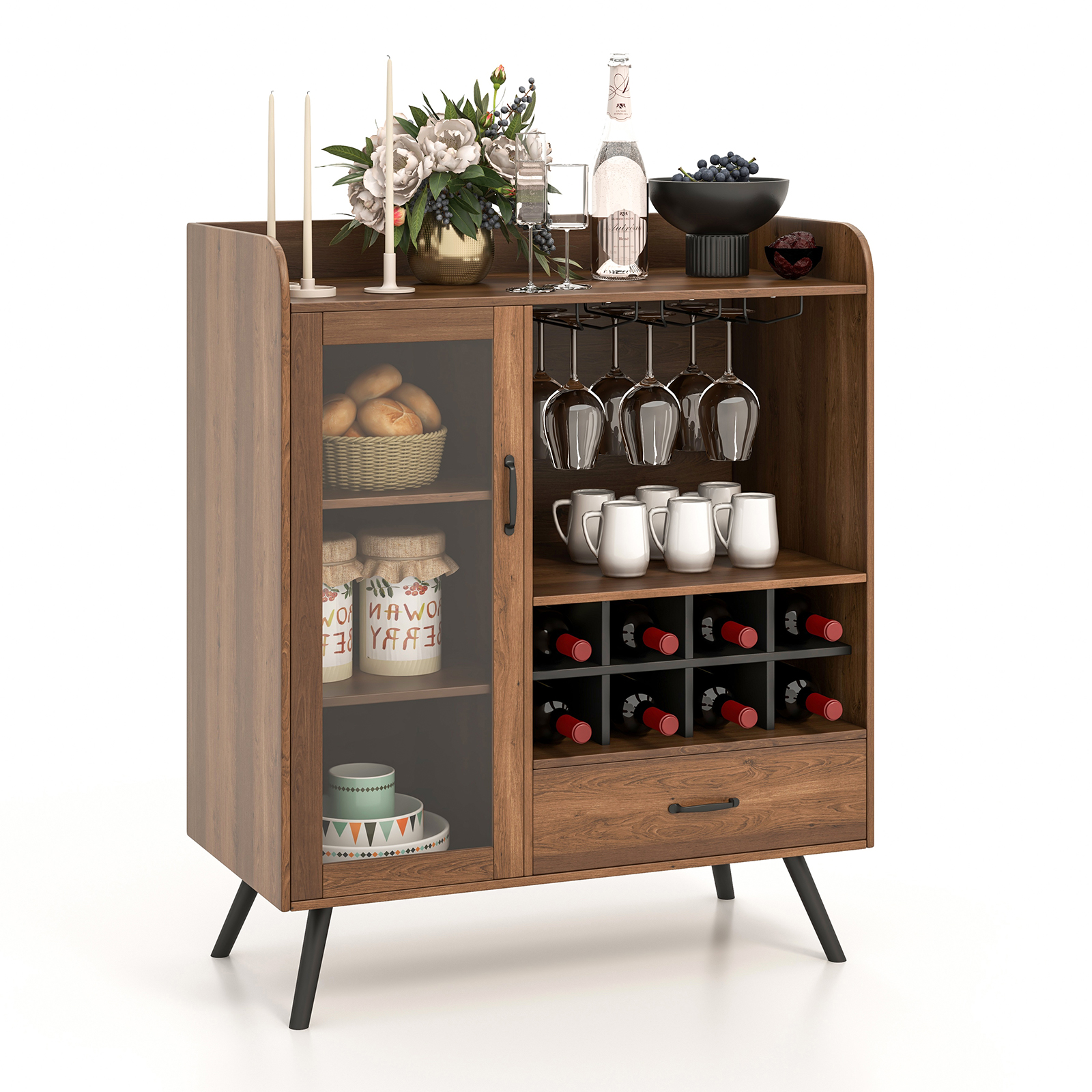 Wooden Wine Cabinet with Removable Wine Rack and Glass Holder-Brown - Savings Store