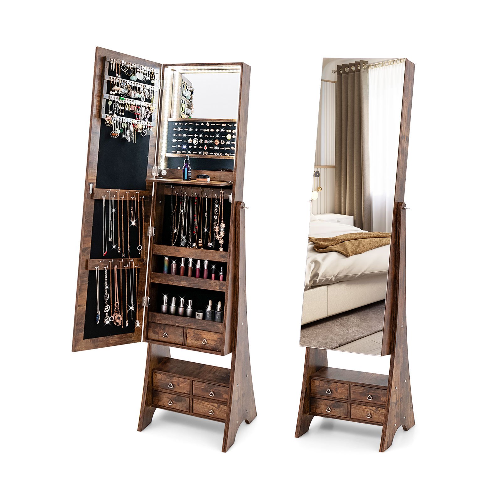 Floor Jewelry Armoire Organizer with Full-Length Mirror-Brown - Savings Store