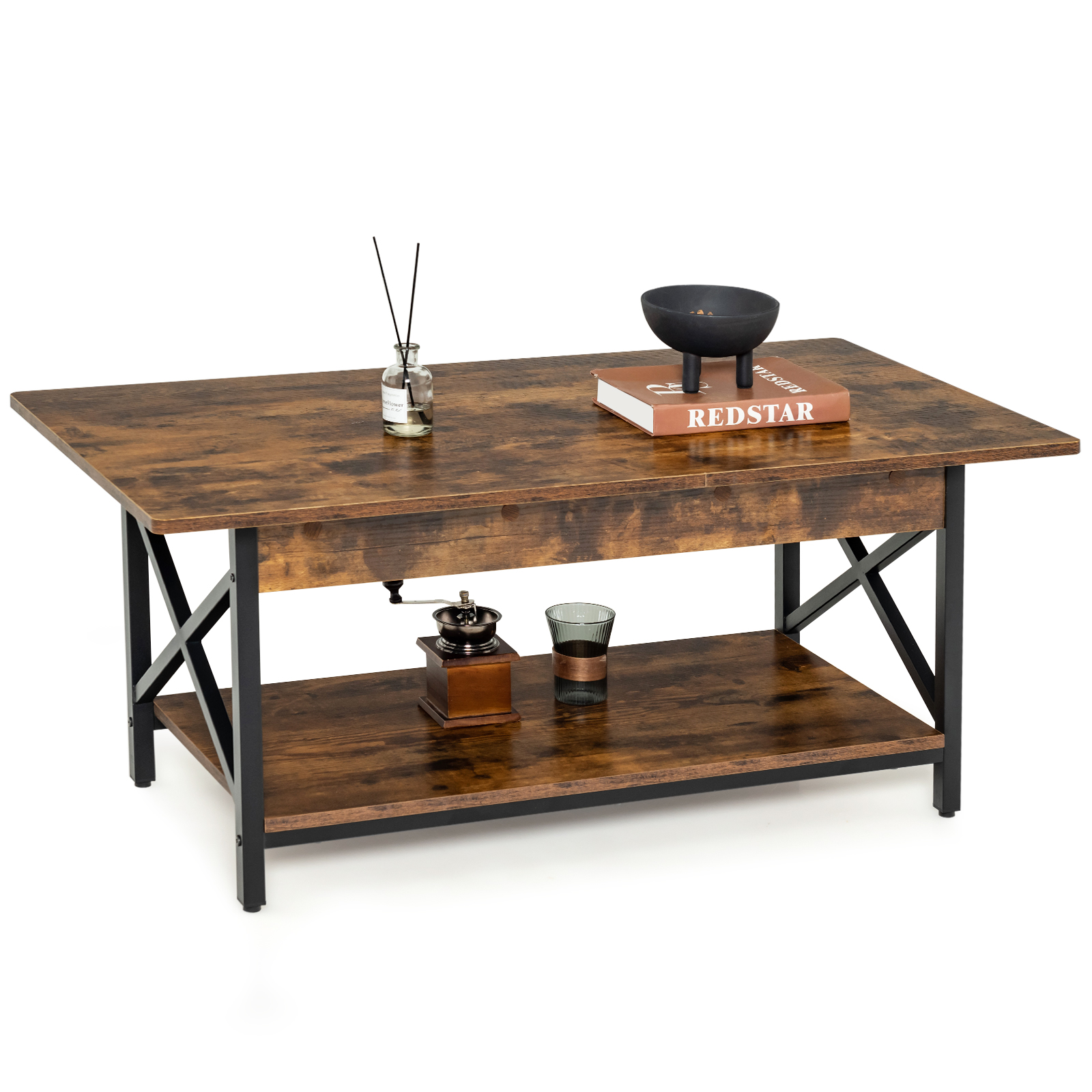 2-Tier Industrial Coffee Table for Living Room Bedroom Office-Rustic Brown - Savings Store
