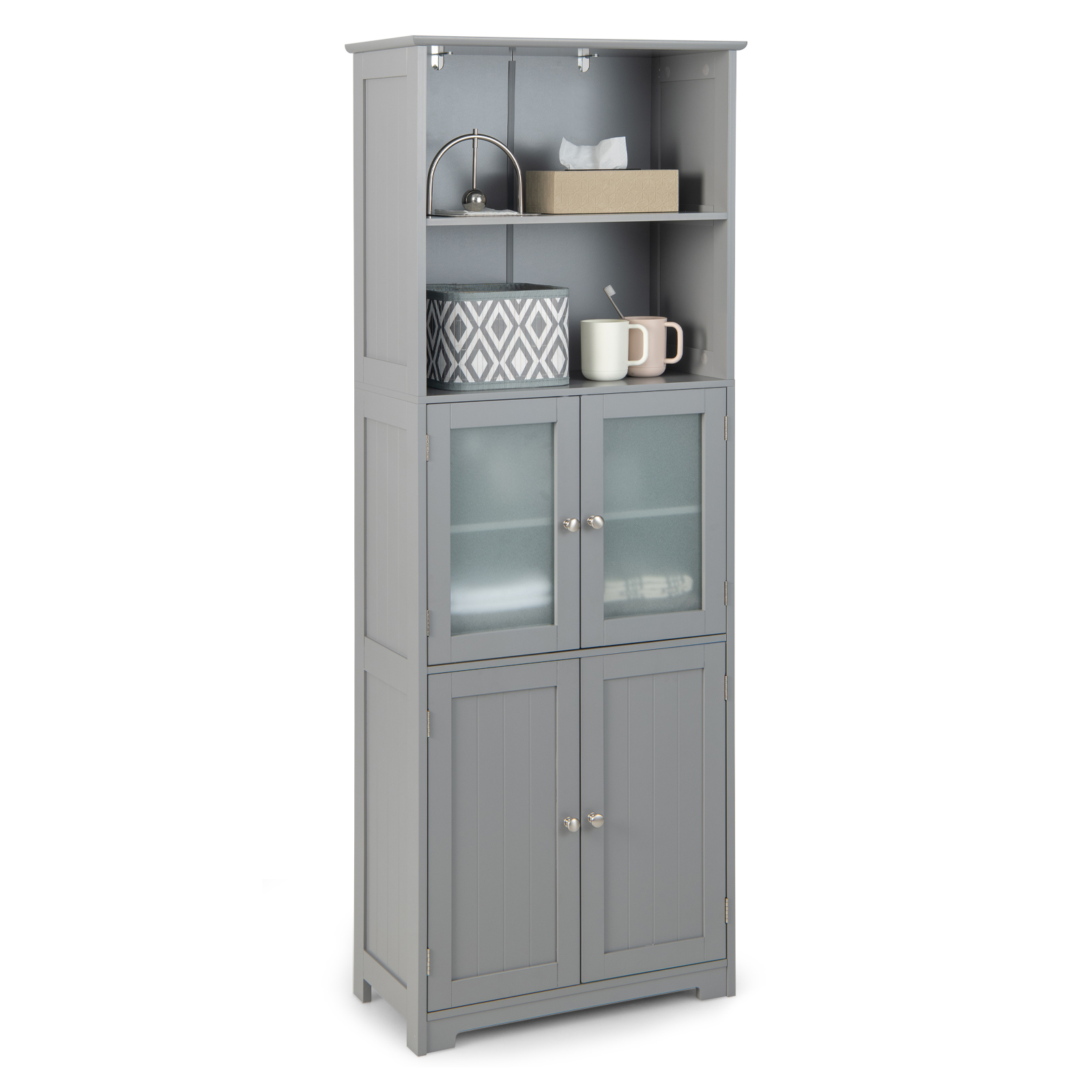 Freestanding Storage Cabinet with Tempered Glass Door and Open Shelves-Grey - Savings Store