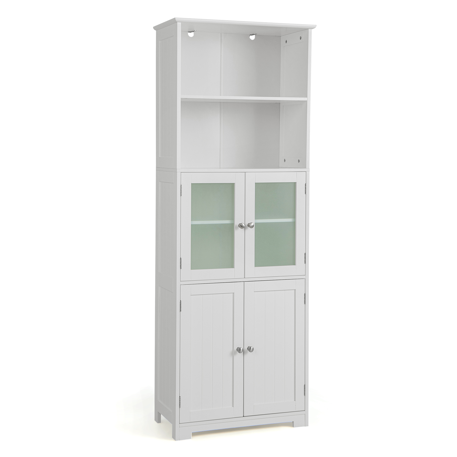 Freestanding Storage Cabinet with Tempered Glass Door and Open Shelves, -White - Savings Store