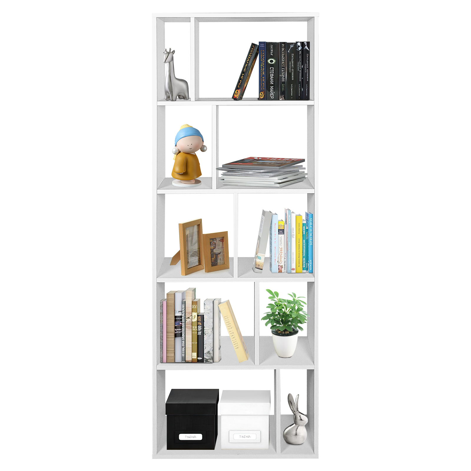 Wood Bookshelf with 10 Compartments Home Study Living Room-White - Savings Store