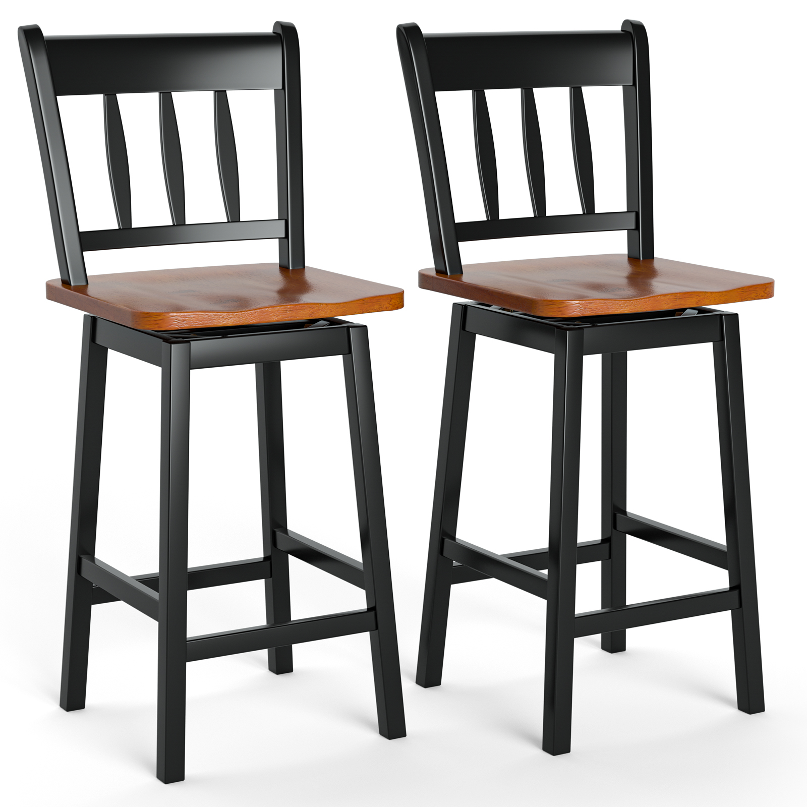Set of 2 97cm Swivel Rubber Wood Bar Stools with Backrest and Footrest-Black - Savings Store