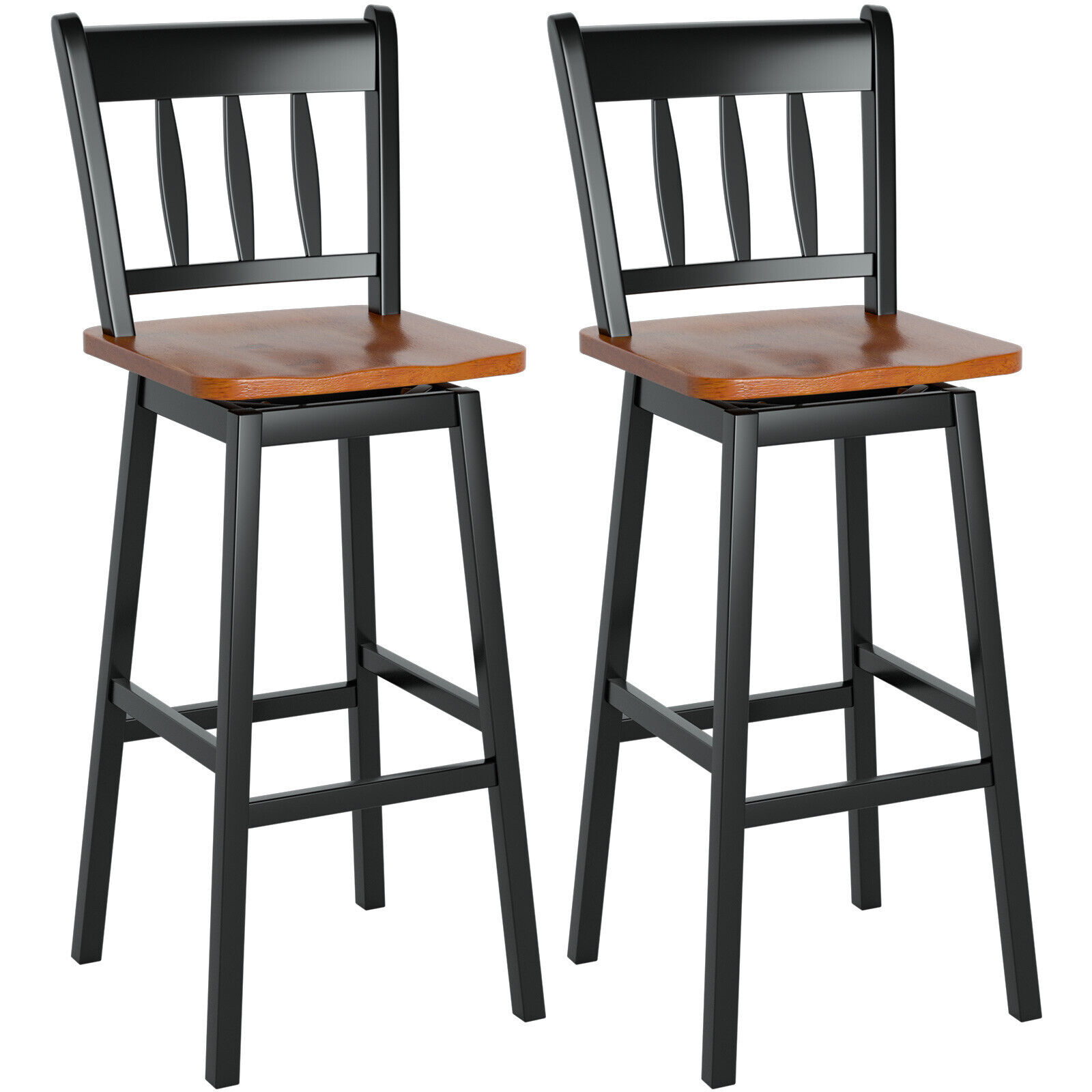 Set of 2 Rubber Wood Swivel Bar Stools with Backrest and Footrest-Black - Savings Store