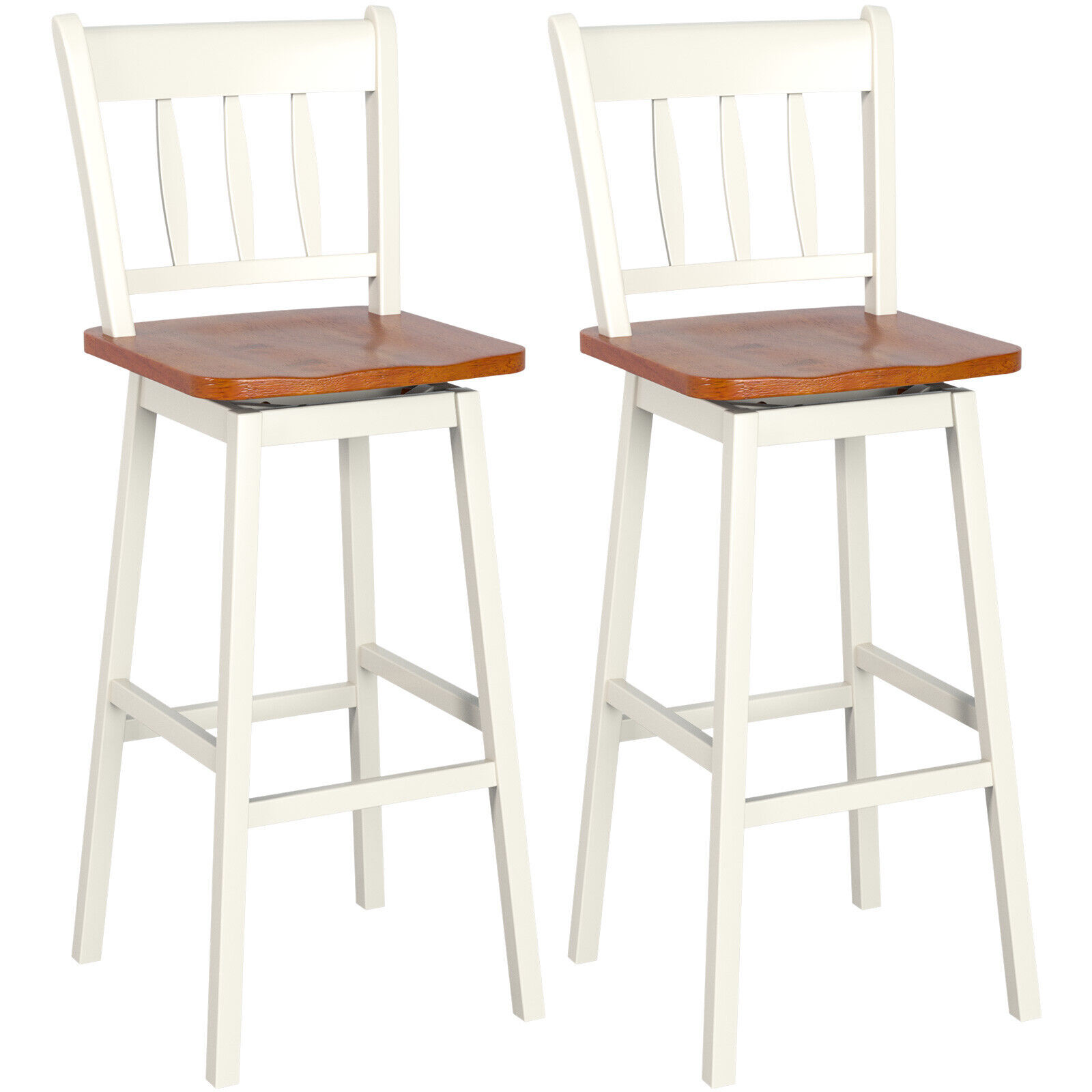 Set of 2 Rubber Wood Swivel Bar Stools with Backrest and Footrest-Cream - Savings Store
