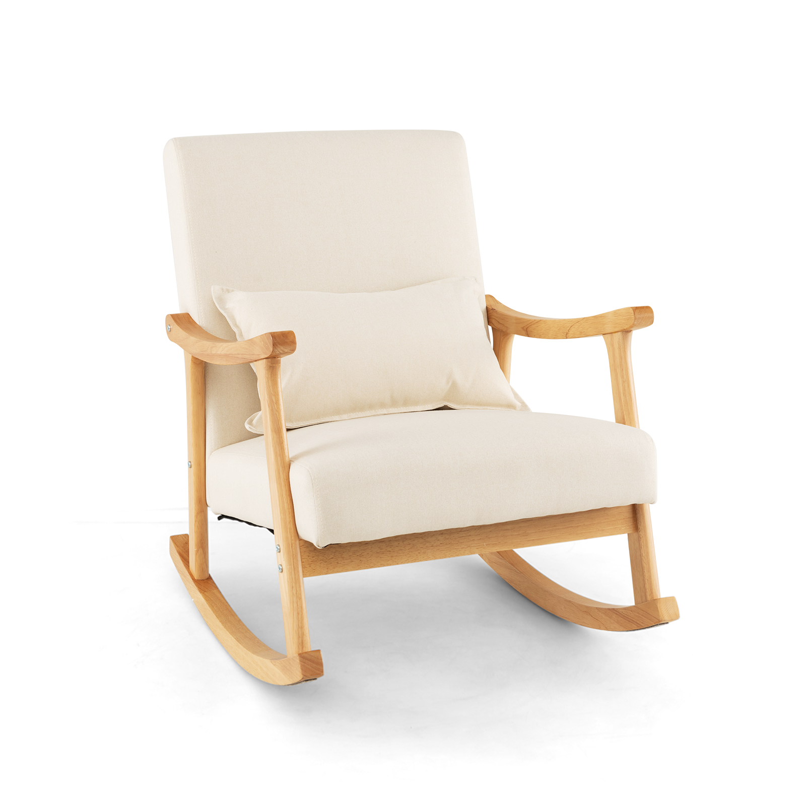 Upholstered Rocking Chair Modern Rocker with Rubber Wood Frame-Beige - Savings Store