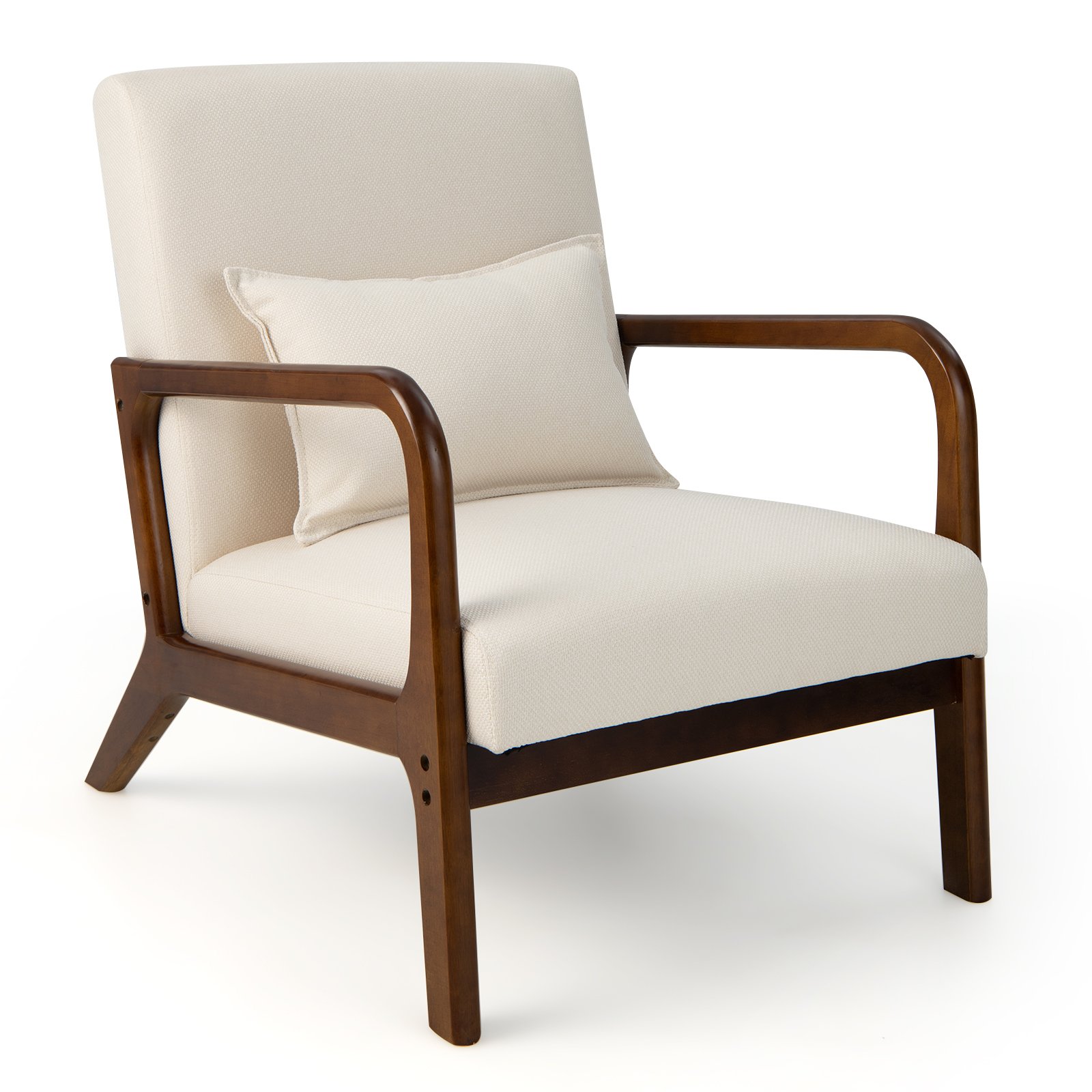 Armchair - Modern Accent Chair with Lumbar Pillow and Rubber Wood Frame-Beige - Savings Store
