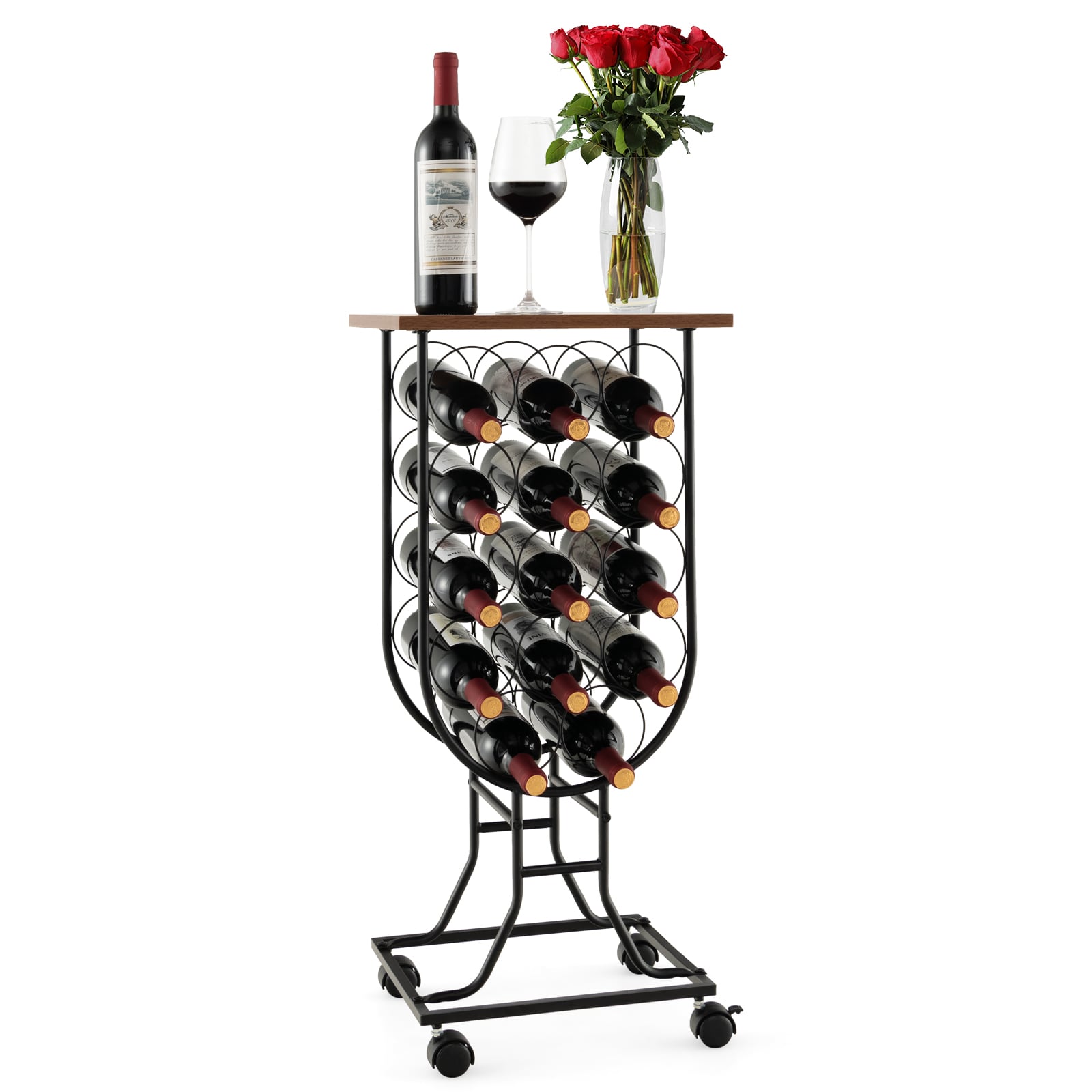 14 Bottles Wine Rack with Detachable and Lockable Wheels-Black - Savings Store