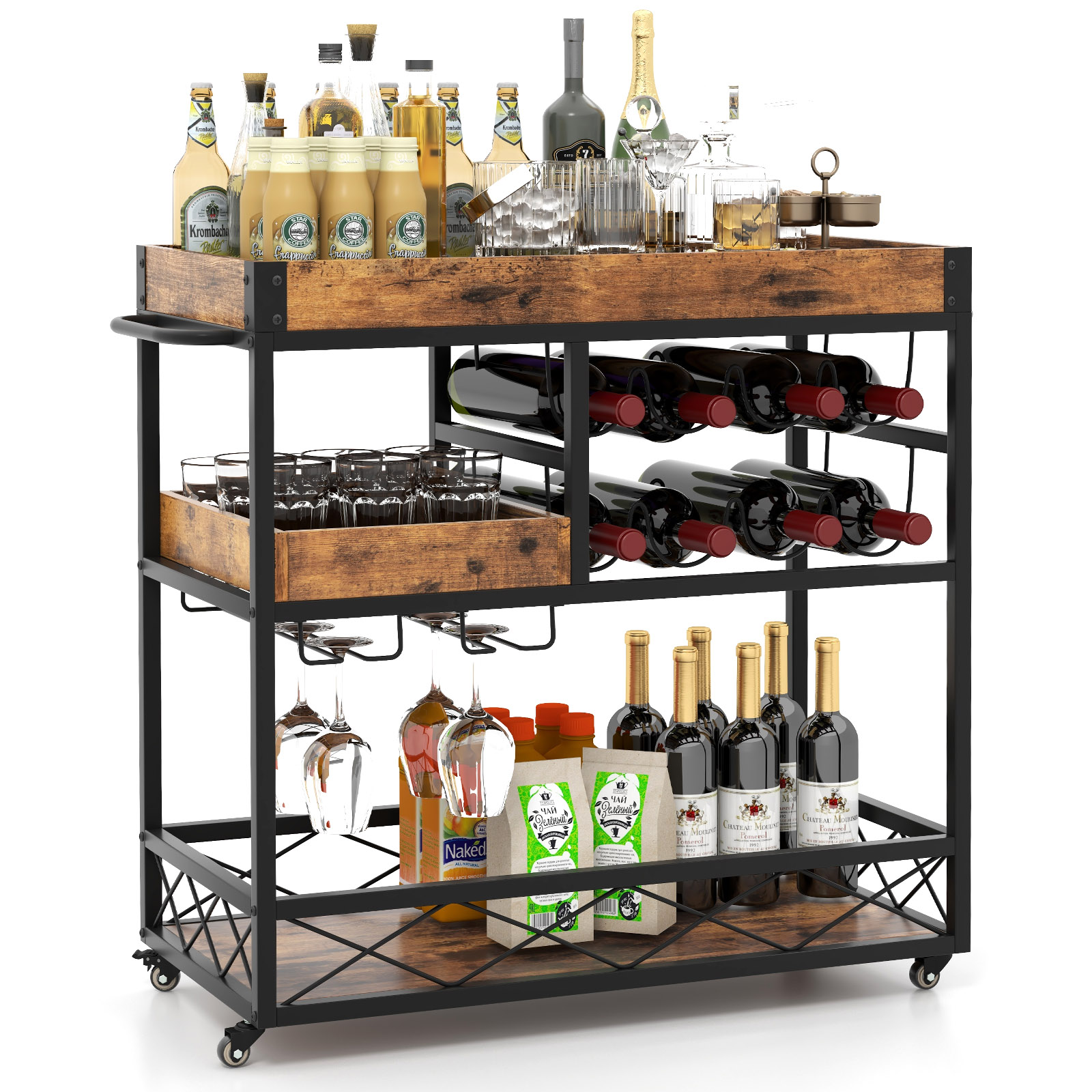 Home Bar Serving Car with Removable Tray-Rustic Brown - Savings Store