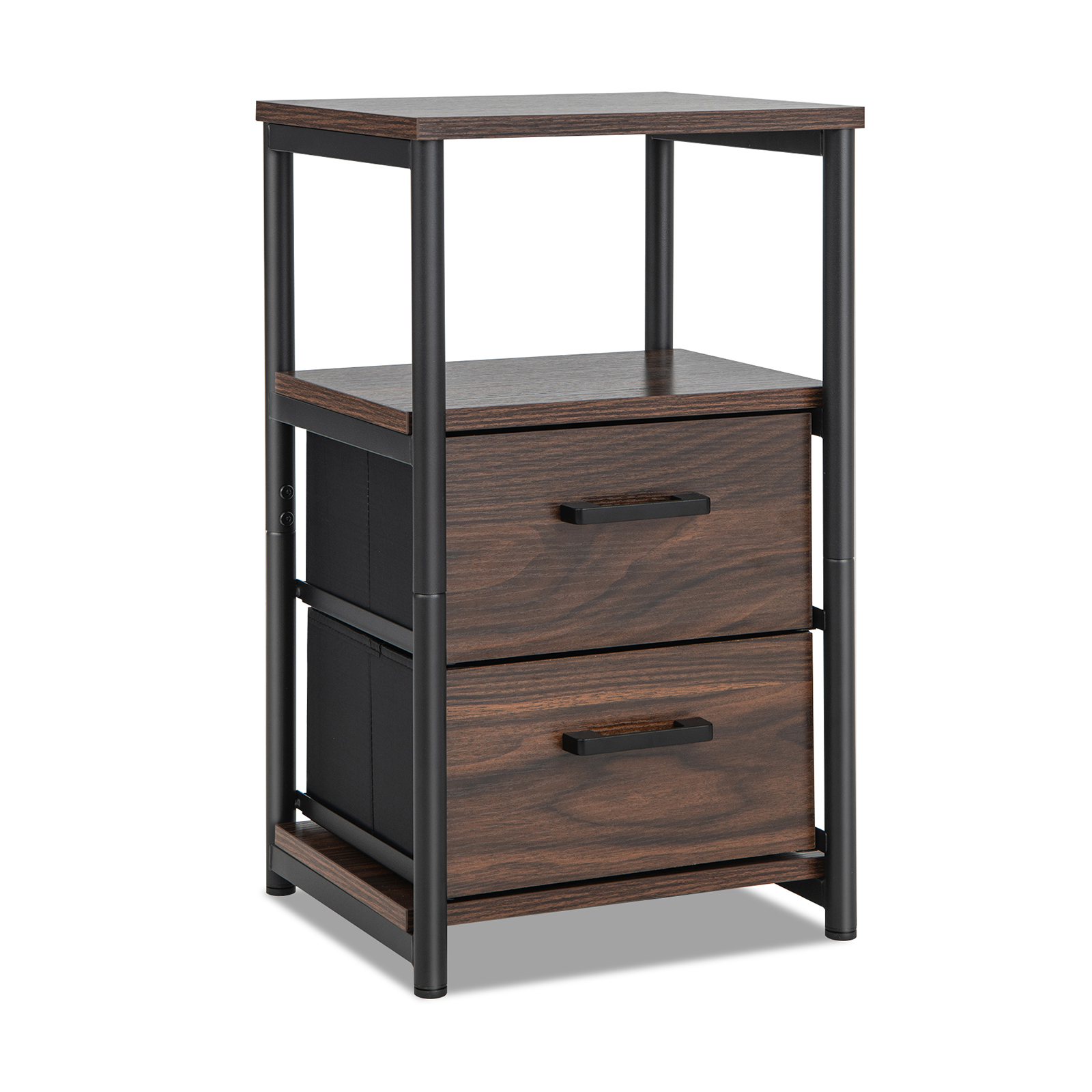 Bedside Table - METAL 2 Drawer Nightstand Walnut and Black 30cm - Savings Store