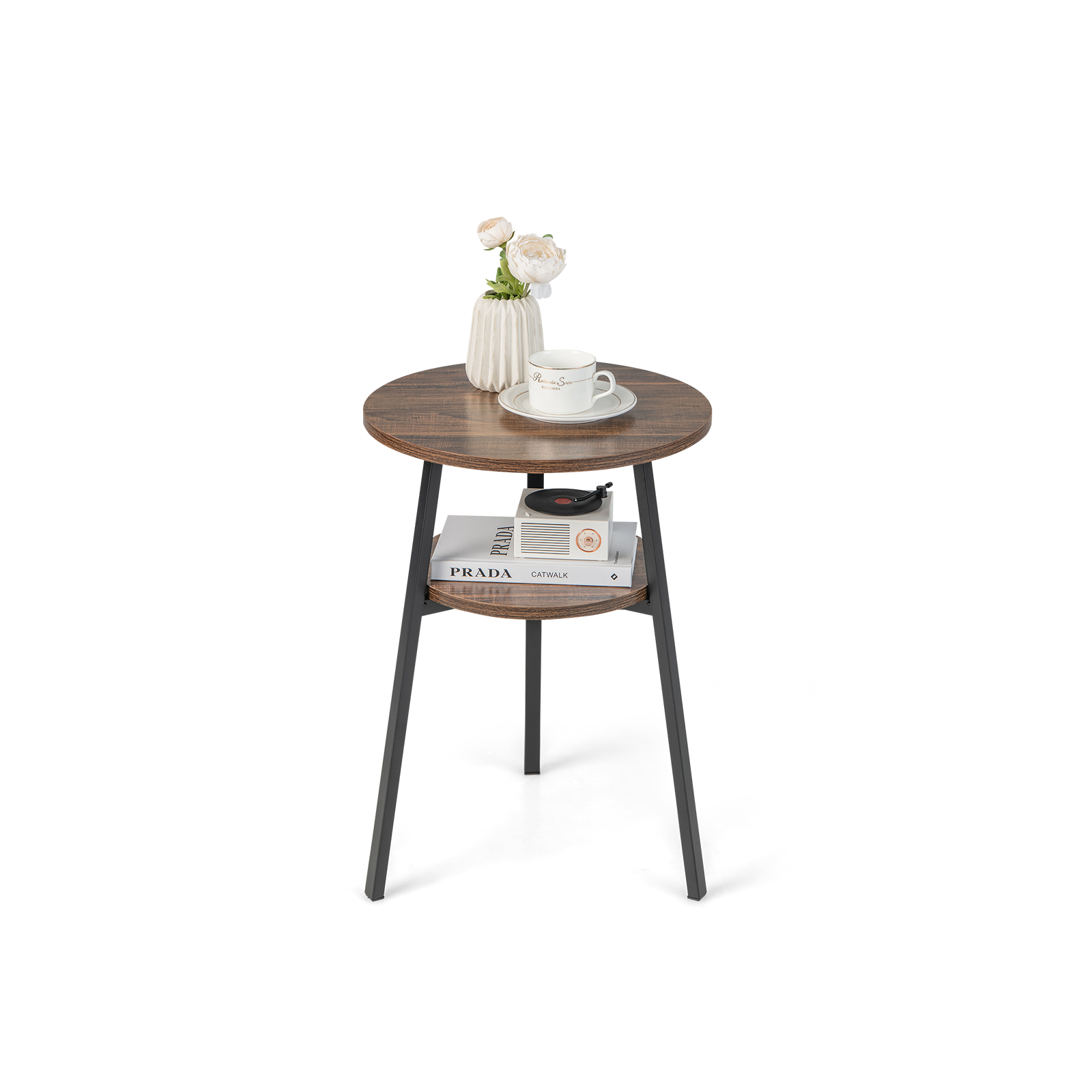 2-Tier Wooden Round Side Table with Storage Shelf-Brown - Savings Store