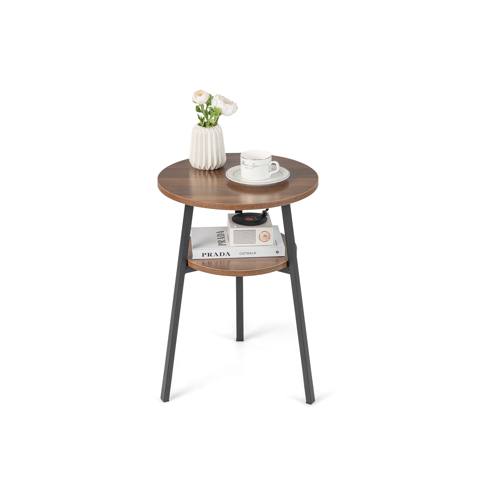 2-Tier Wooden Round Side Table with Storage Shelf-Walnut - Savings Store