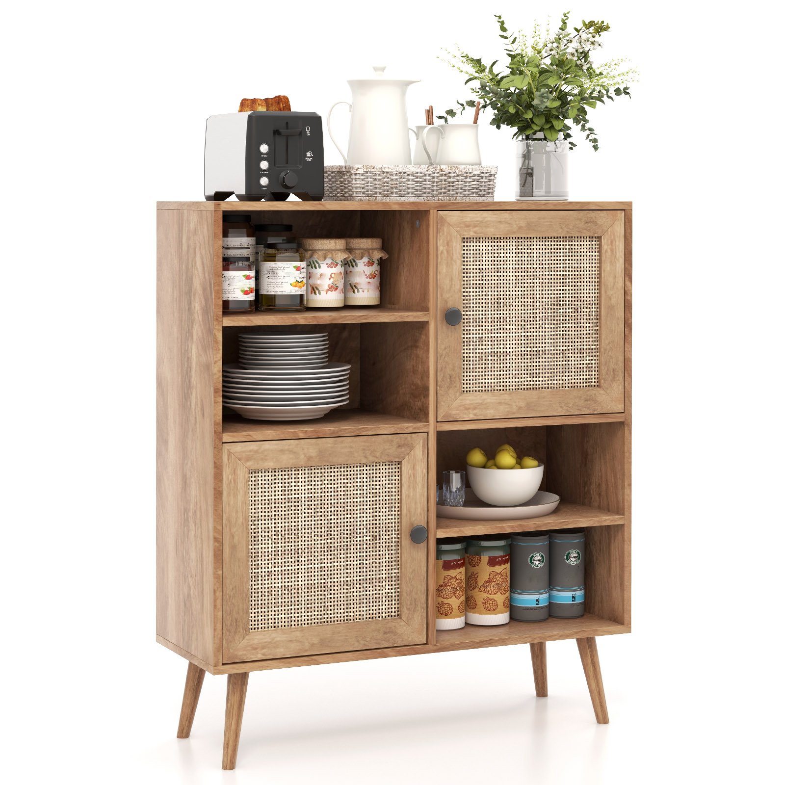 Sideboard - Rattan Sideboard Buffet Cabinet with 4 Cubbies and 2 Rattan-decorated Doors-Brown - Savings Store