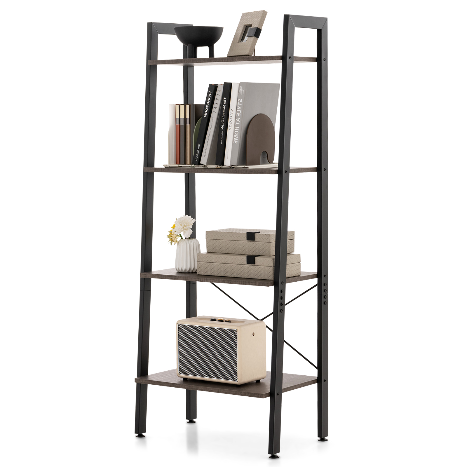 4-Tier Bookshelf with Metal Frame-Brown - Savings Store