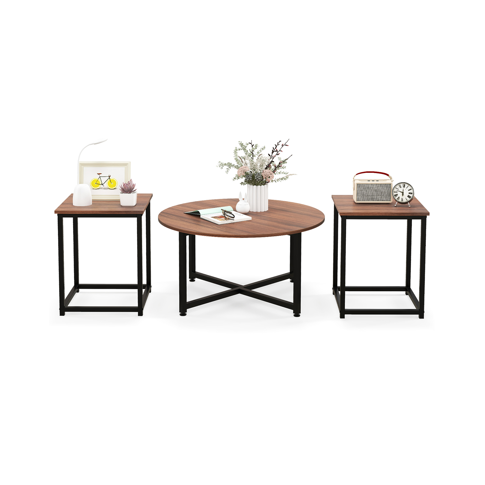 3-Piece Coffee Table Set with Heavy-duty Metal Frame-Walnut - Savings Store