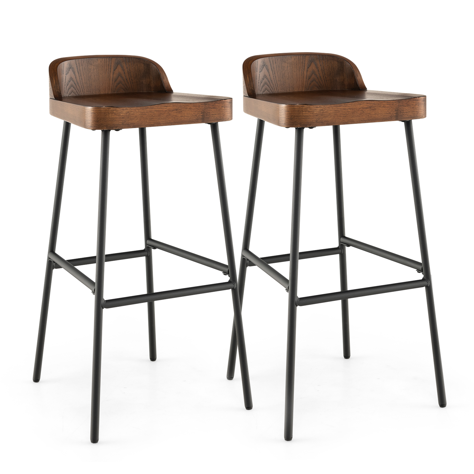 Wooden Bar Stool set of 2 with Chic Low Back and Metal Legs-Brown - Savings Store