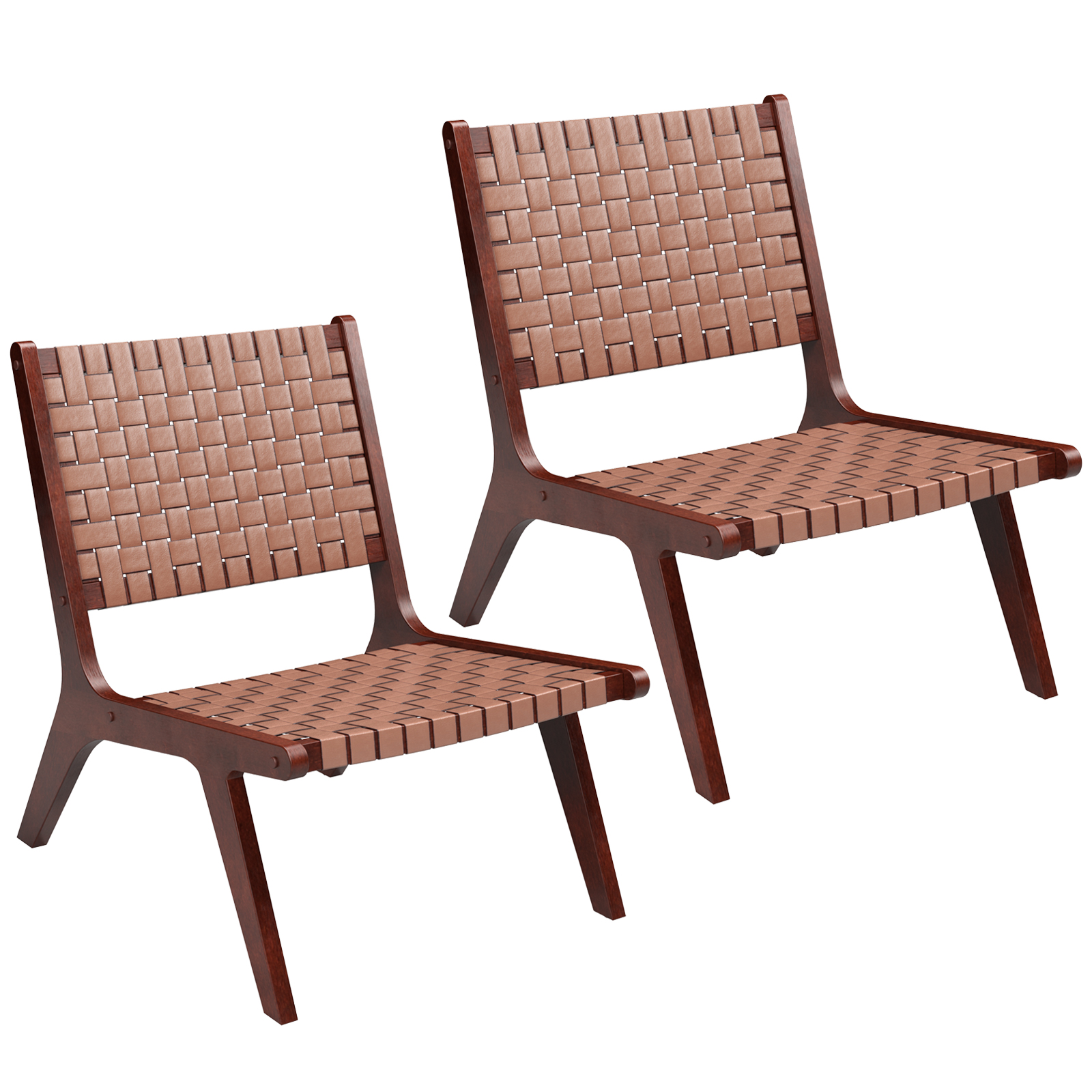 Set of 2 Woven Leather Accent Chairs with Wood Frame-Brown - Savings Store