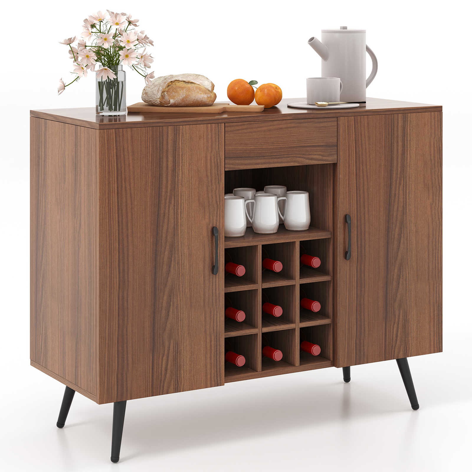 Mid-century Modern Buffet Server Cabinet with Adjustable Shelves-Walnut - Savings Store