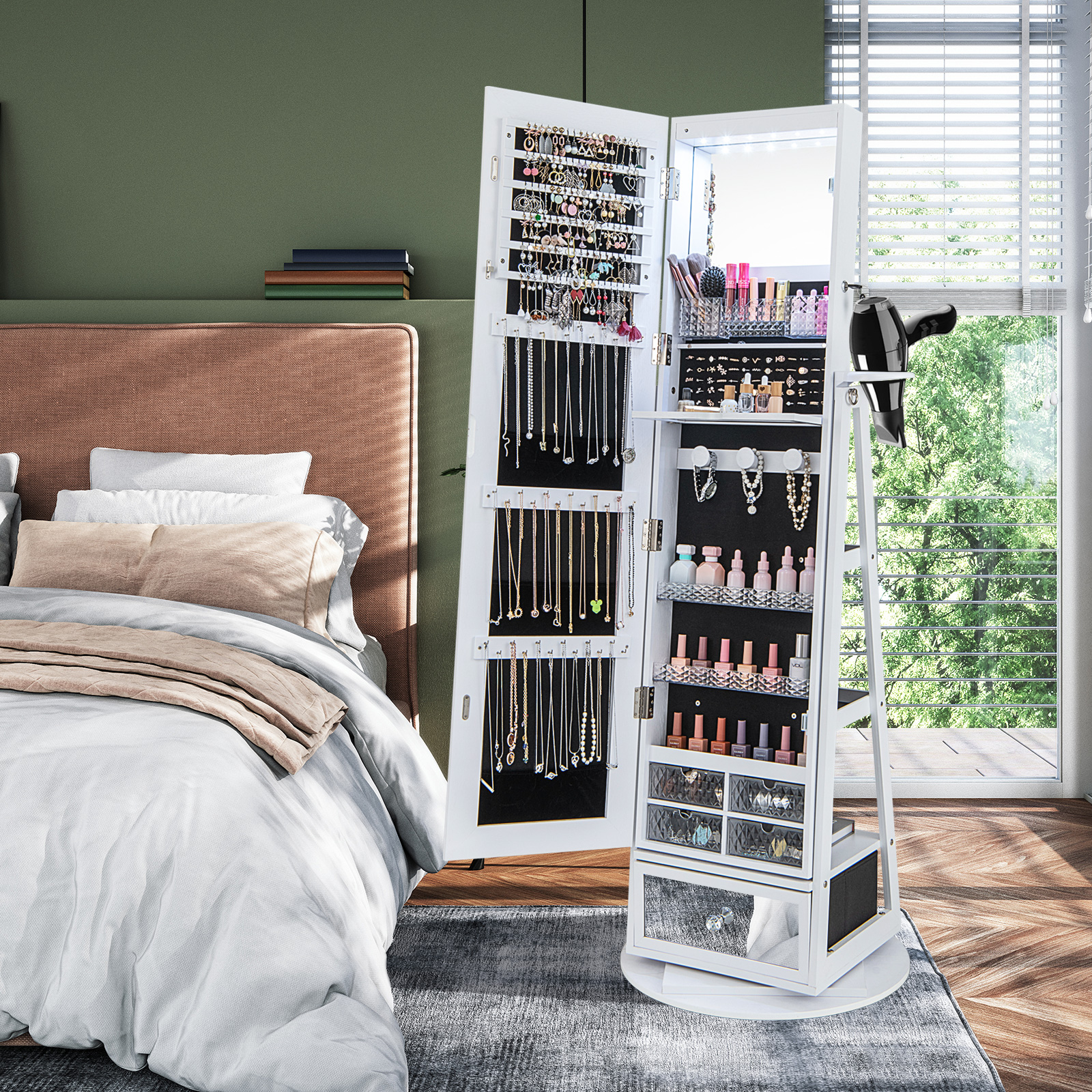 360 Swivel Lockable Jewelry Armoire Cabinet with Full-Length Mirror - White - Savings Store