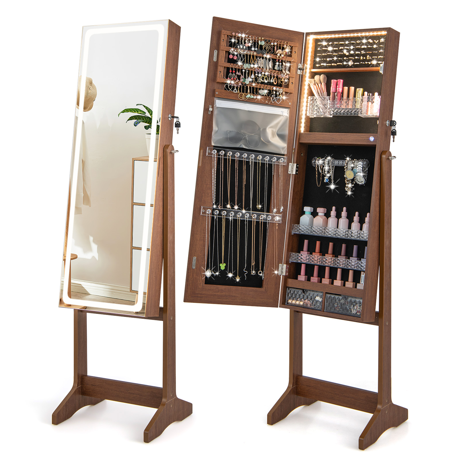 Jewellery Cabinet - Standing Jewelry Cabinet with LED Lights Lipstick Box and 2 Drawers-Walnut - Savings Store