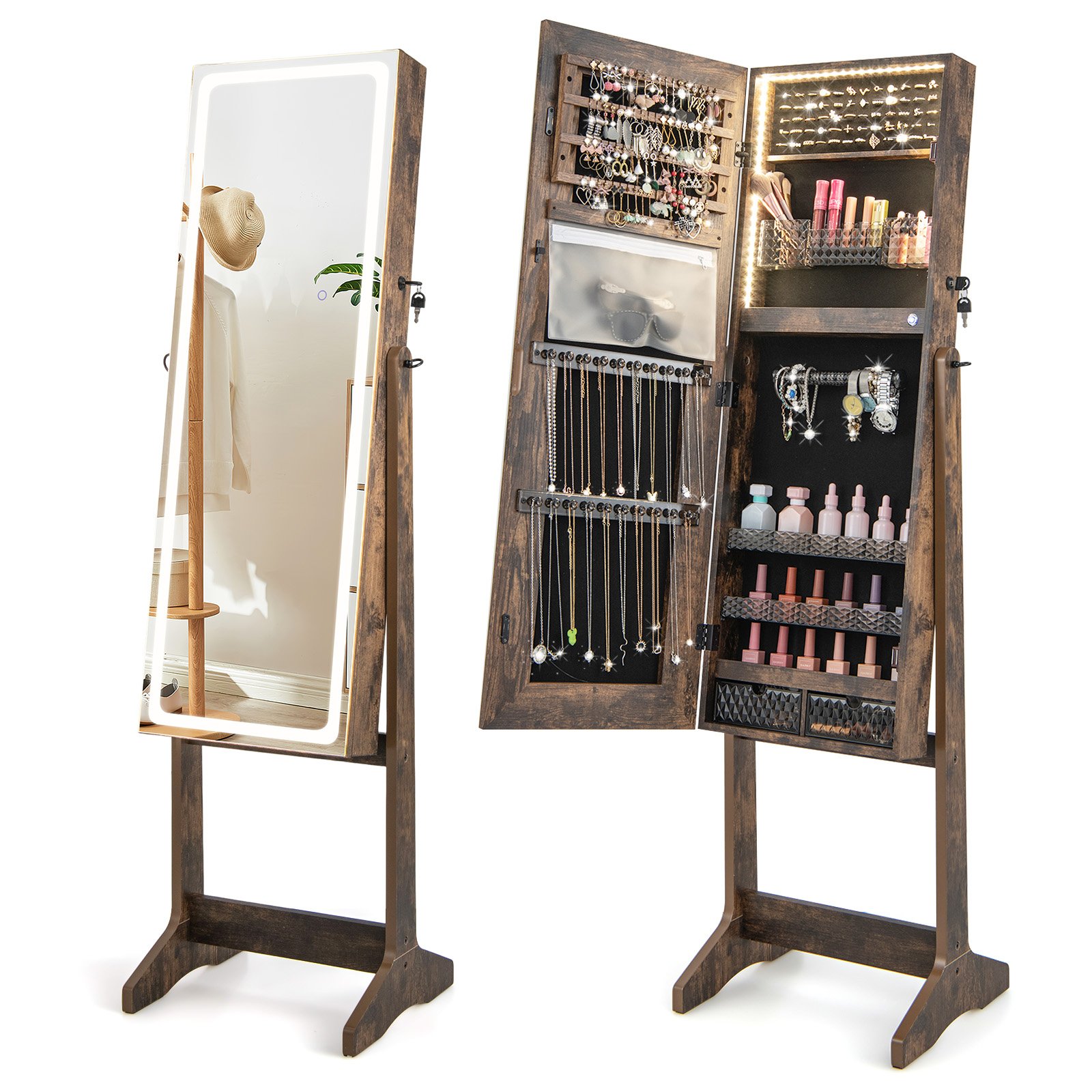 Jewellery Cabinet - Standing Jewelry Cabinet with LED Lights Lipstick Box and 2 Drawers-Rustic Brown - Savings Store