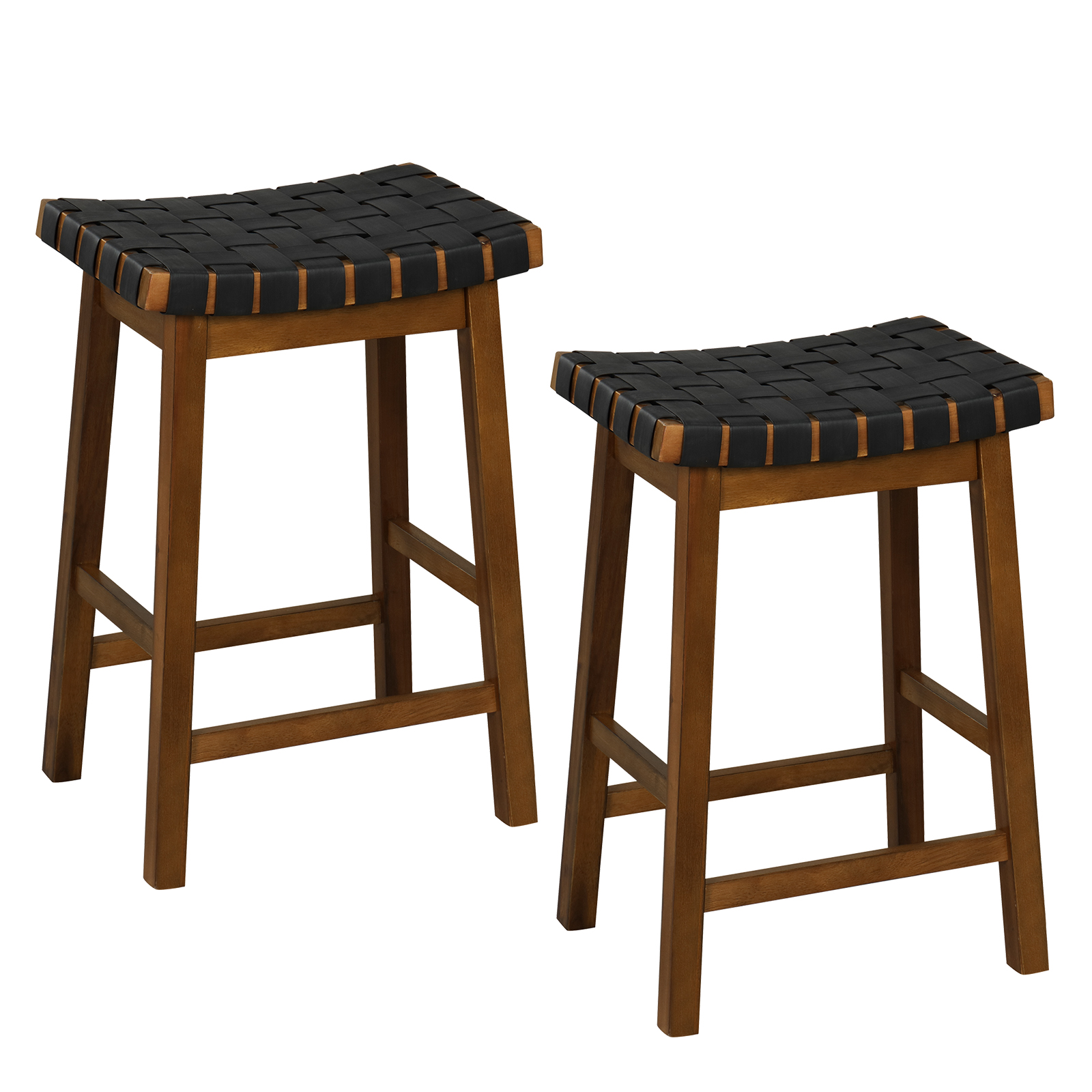 Faux PU Leather Counter Height Stools Set of 2 with Woven Curved Seat-Black & Brown - Savings Store