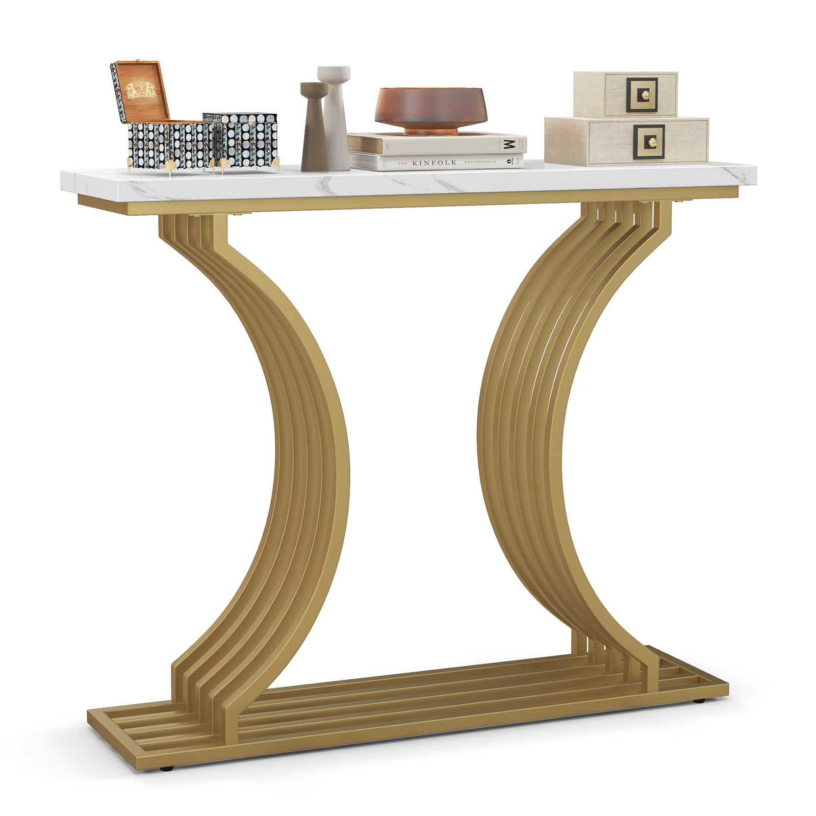 Console Table - Gold Entryway Table with White Faux Marble Tabletop-White - Savings Store