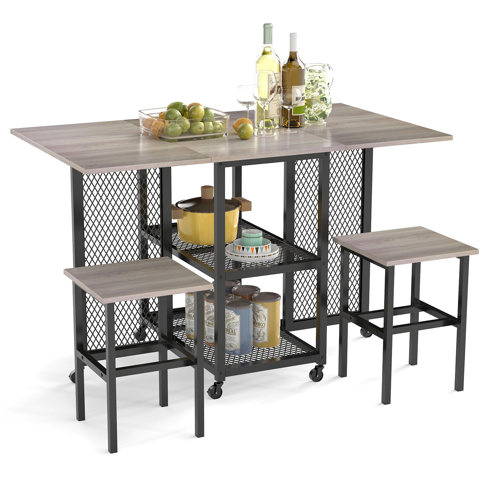 3-Piece Foldable Dining Table Set with Lockable Wheels for Small Place-Grey - Savings Store