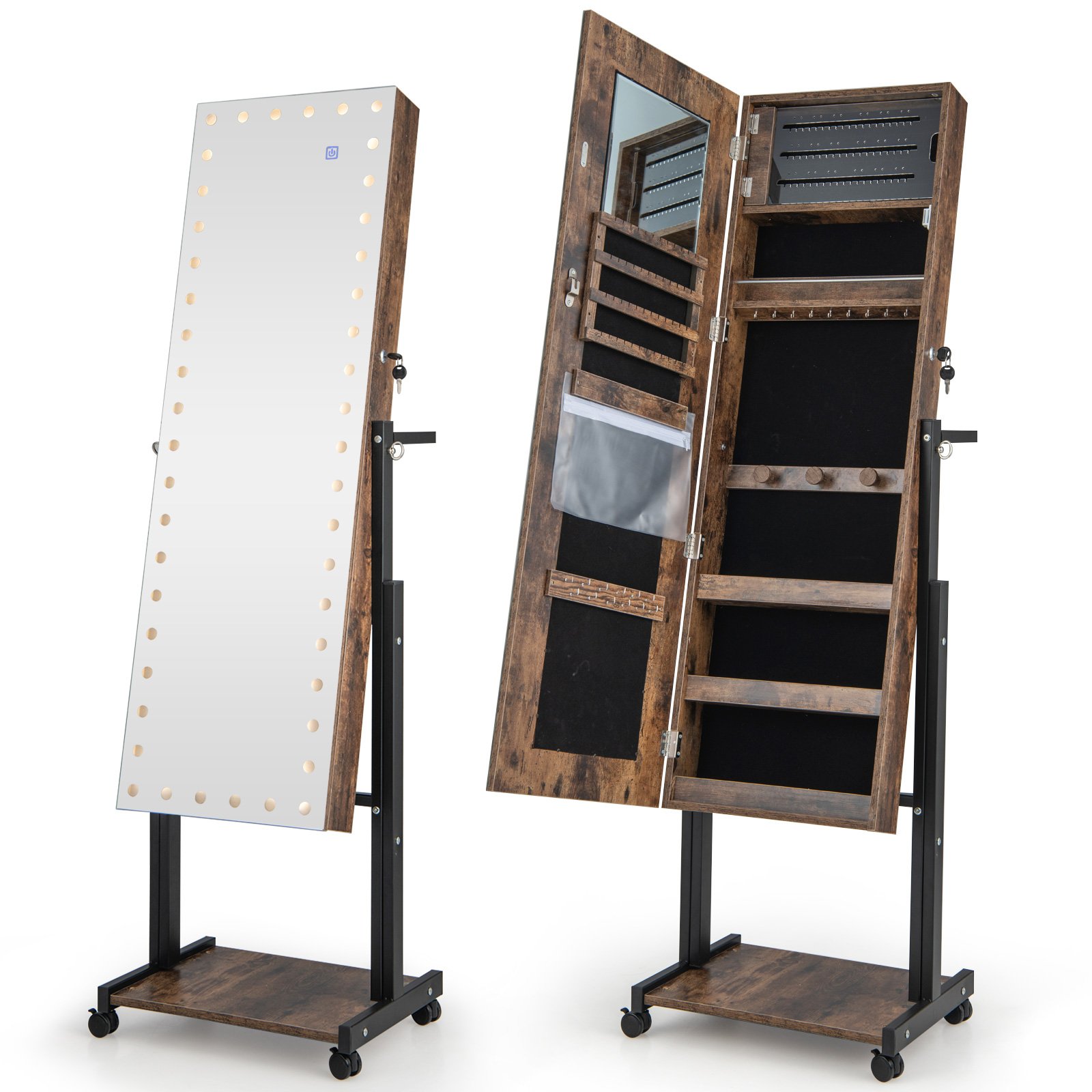 LURIDA Lockable Jewelry Armoire Organizer with 3-Color Dimmable LED Full-Length Mirror-Brown - Savings Store