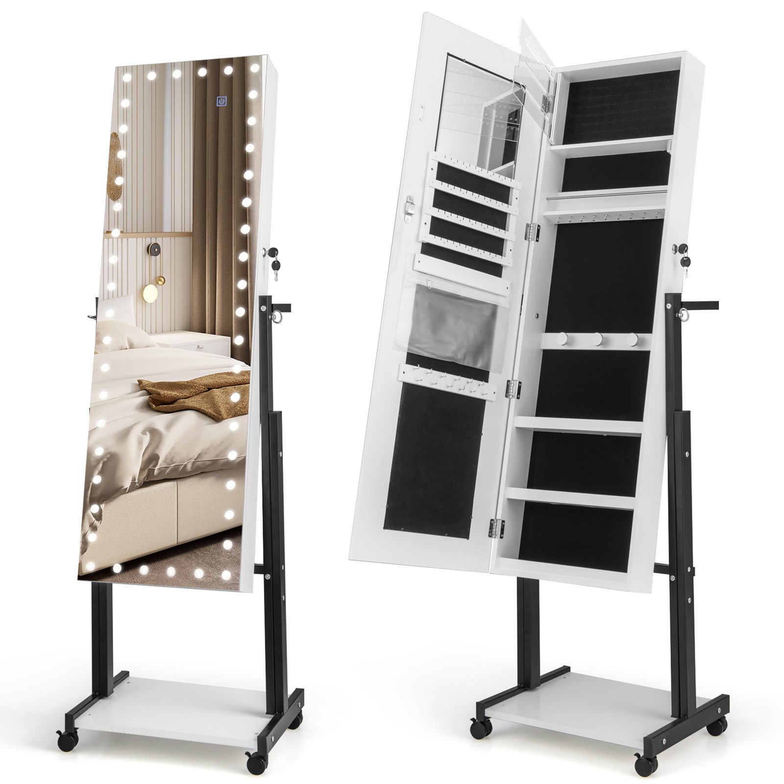 LURIDA Lockable Jewelry Armoire Organizer with 3-Color Dimmable LED Full-Length Mirror-White - Savings Store