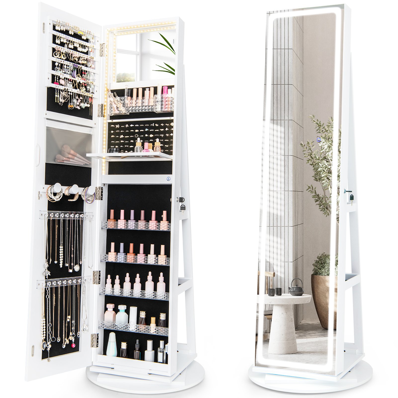 Jewellery Cabinet - 360deg Swivel Jewelry Cabinet with LED Lights, Foldable Shelf-White - Savings Store