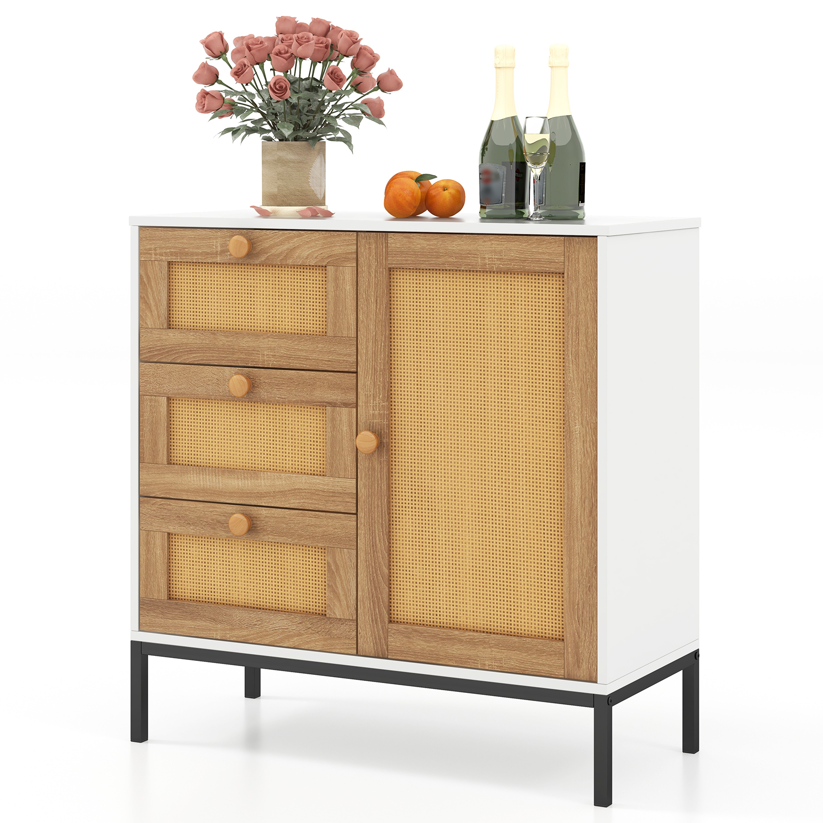 Rattan Sideboard Buffet Cabinet with 1 Door and 3 Drawers-White - Savings Store