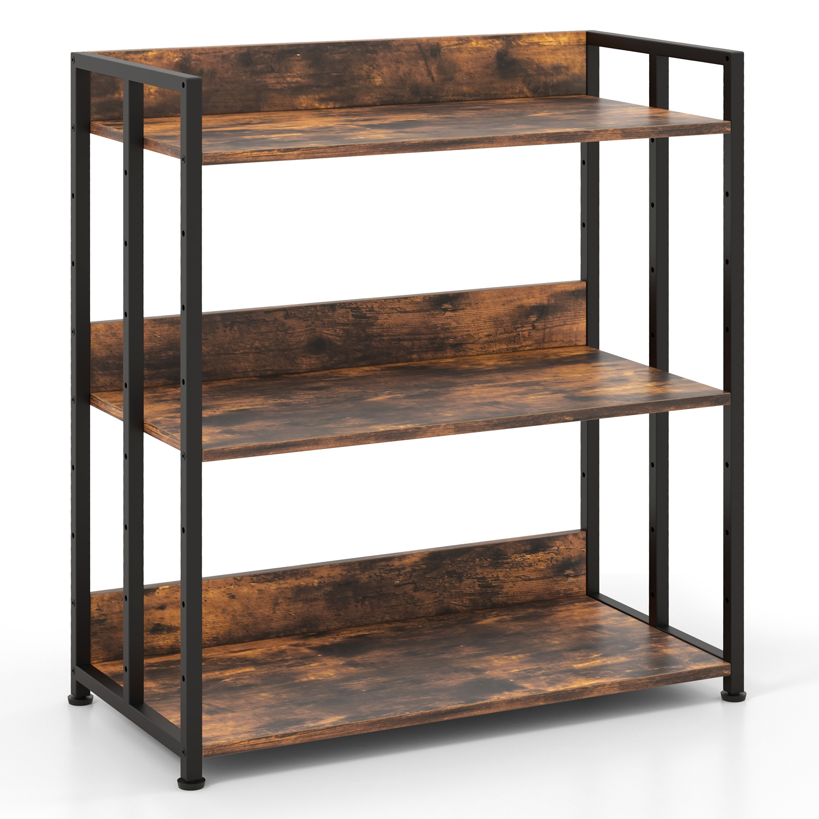 3-Tier Bookshelf with Adjustable Shelves and Metal Frame-Rustic Brown - Savings Store