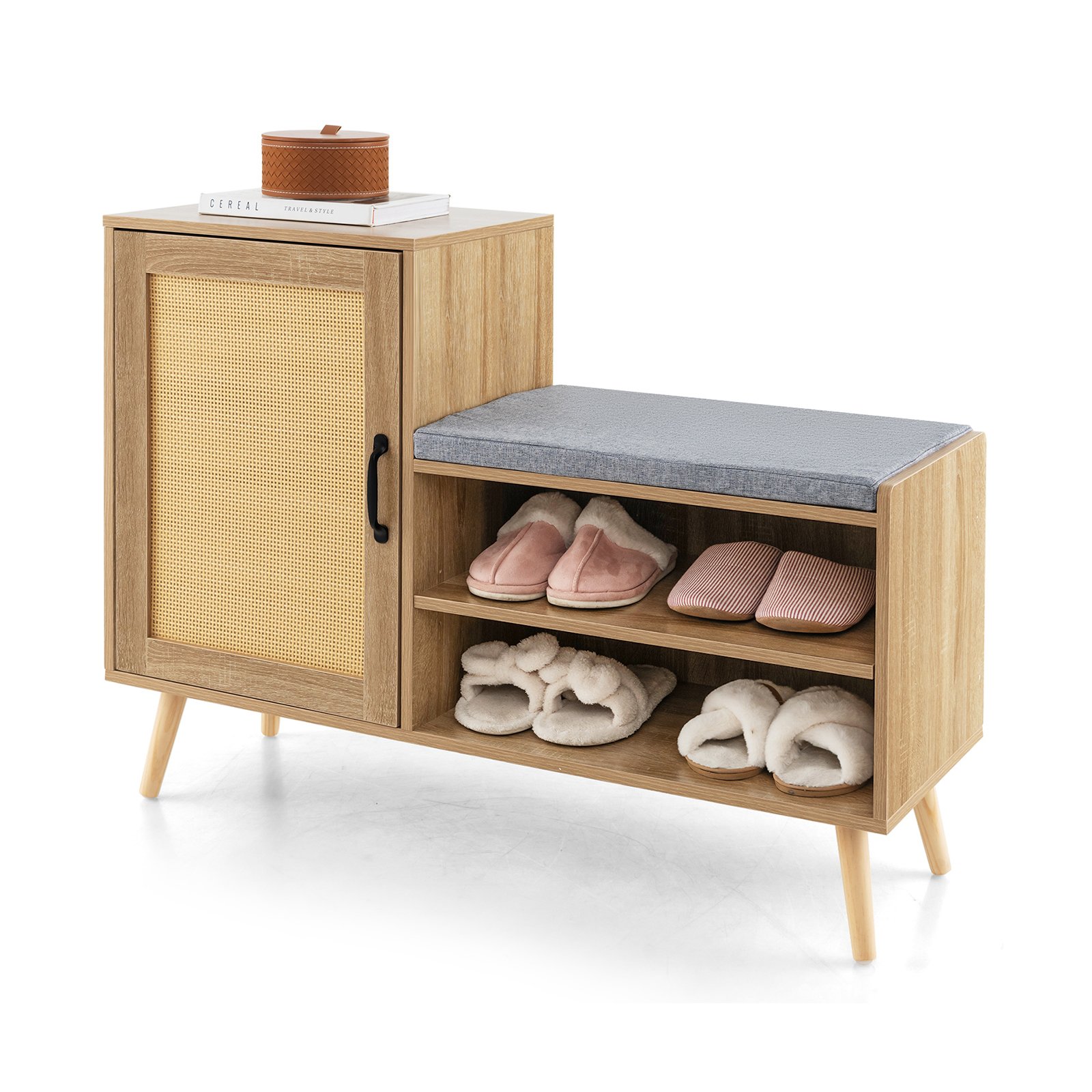 Shoes Cabinet - 2-in-1 Rattan Shoe Cabinet with Bench and 3 Adjustable Shelves-Natural - Savings Store