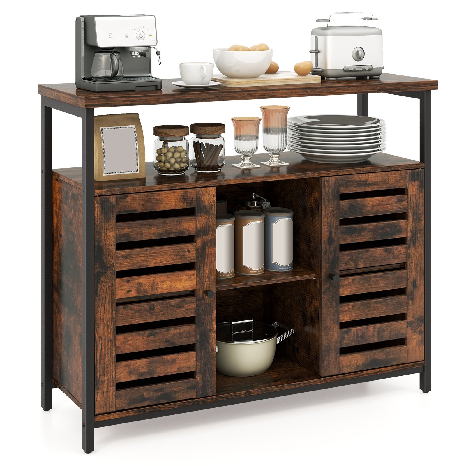 Sideboard - Sideboard Storage Cabinet with Slatted Door and 3 Adjustable Shelves-Rustic Brown - Savings Store