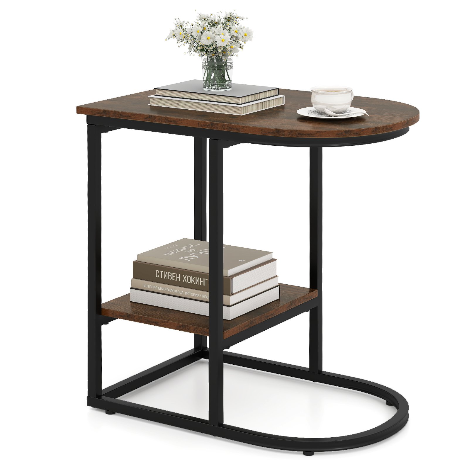 MYVA 2-Tier C-shaped End Table Modern Sofa Side Table with Metal Frame-Rustic Brown - Savings Store