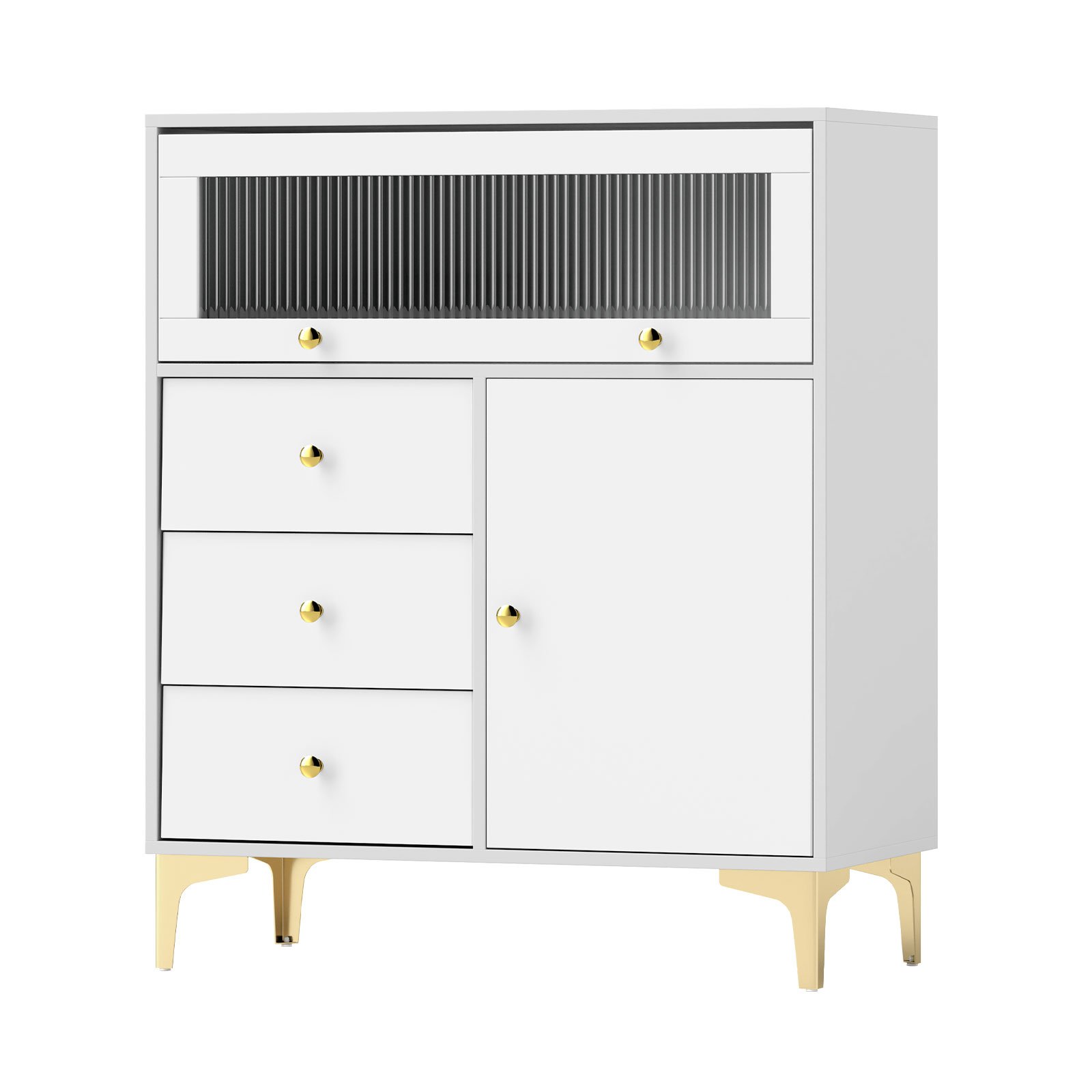 Chest of Drawers with Flip Up Fluted Glass Door and Pull-out Drawers-Grey - Savings Store